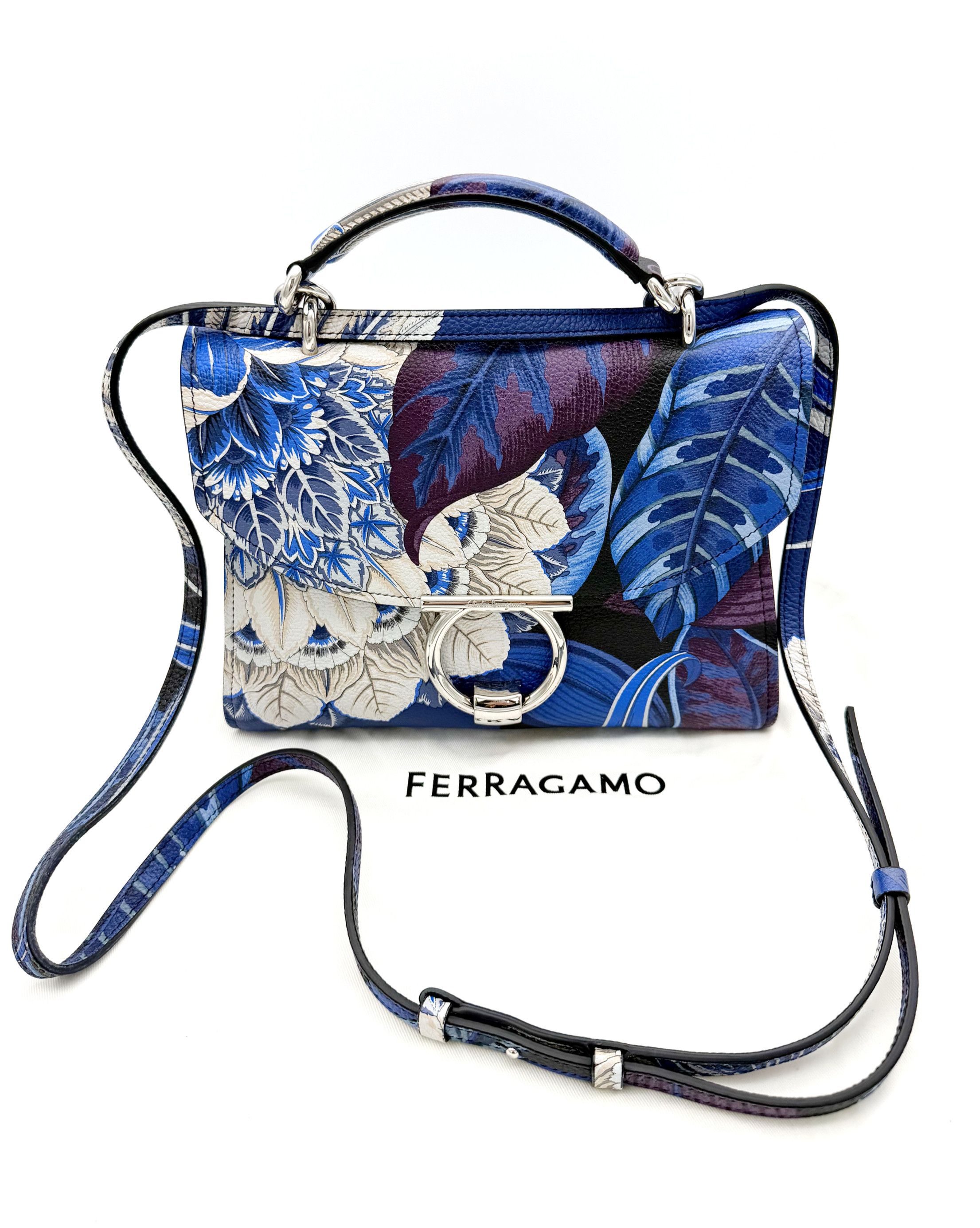 Salvatore Ferragamo Salvatore Ferragamo Floral Print Calfskin Flap Bag – Blue Size ONE SIZE - 7 Thumbnail