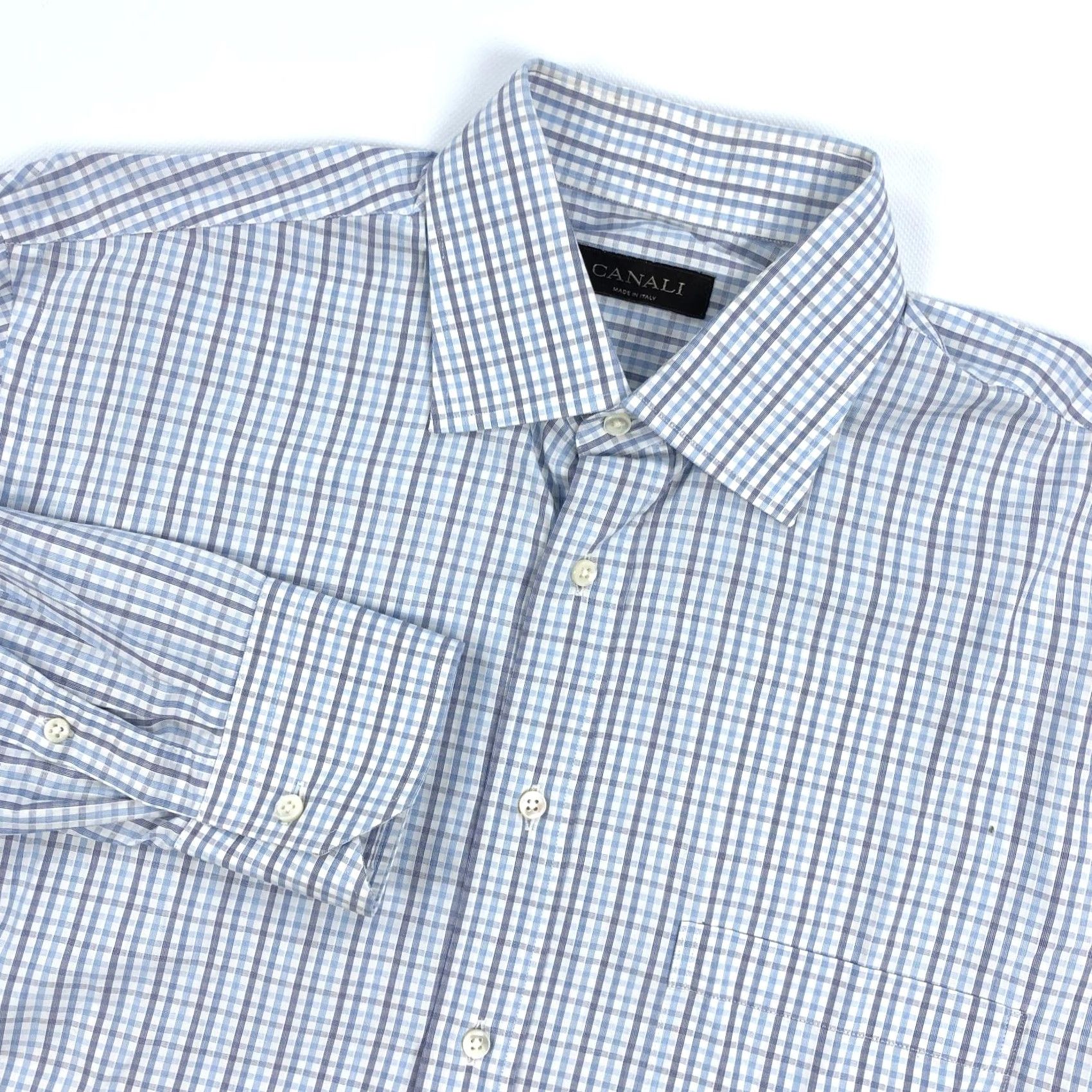 Canali Canali Dress Shirt 16 41 Blue Gray Gingham Long Sleeve Button Collar Men’s 100 Cotton Made in Italy Regular Fit Size 42R - 2 Thumbnail