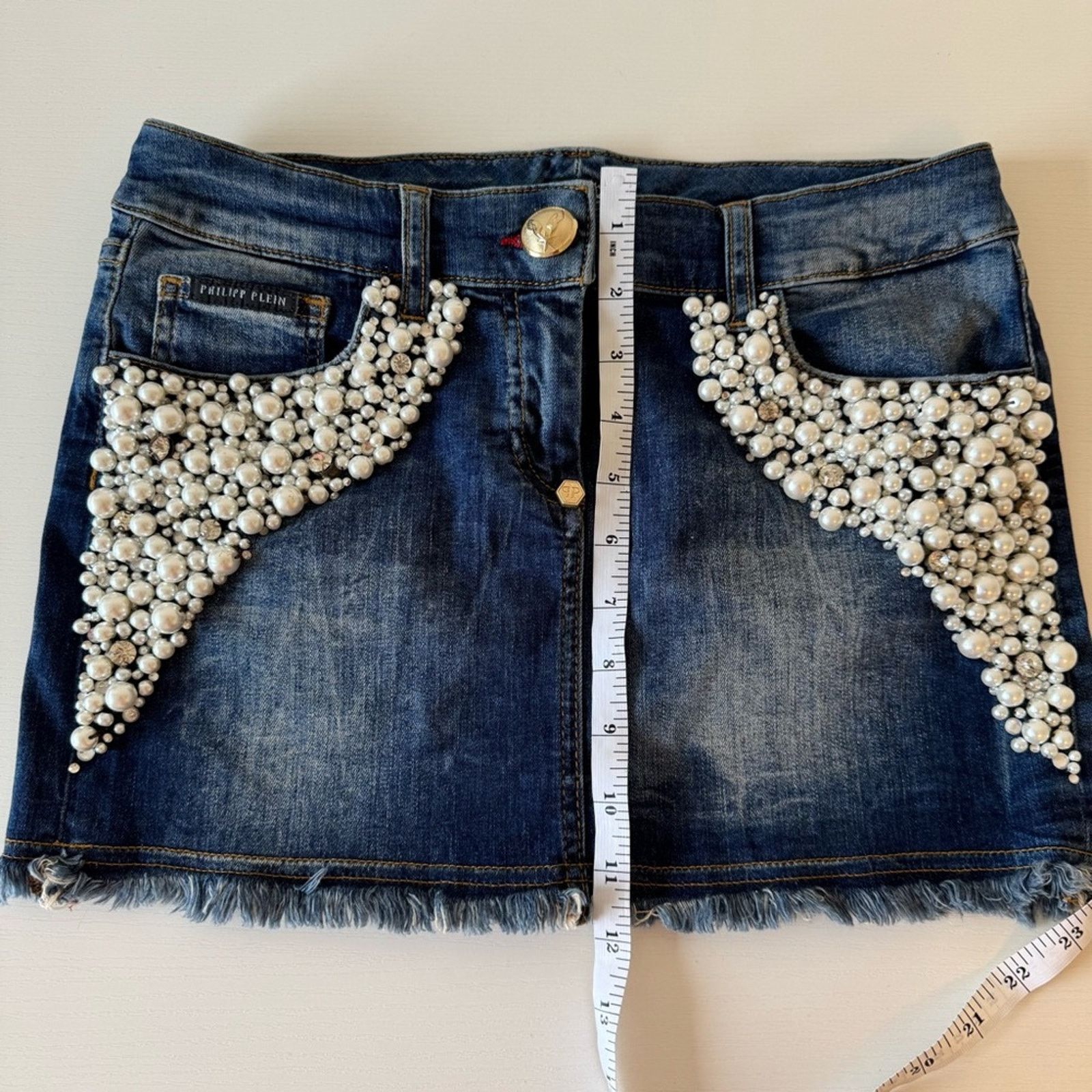 Philipp Plein PHILIPP PLEIN Embellished Denim Skirt Pearl Accents, Size 26 Size 26" / US 2 / IT 38 - 6 Thumbnail