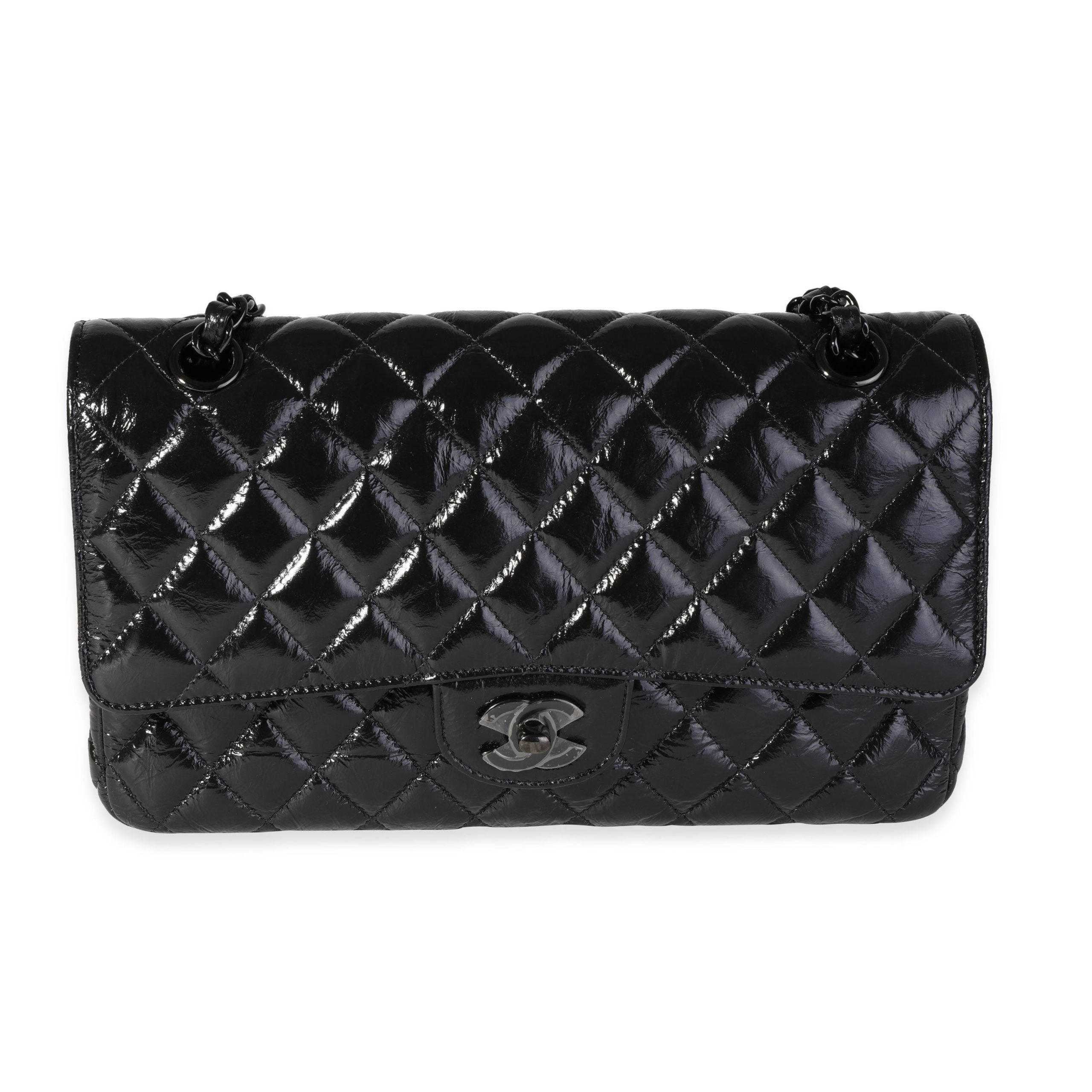 Chanel So Black Patent Crumpled Calfskin Medium Classic Double Flap Bag
