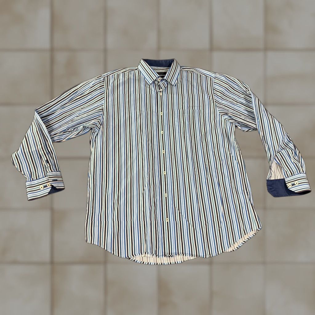 BUGATCHI BUGATCHI Button-Up Shirt Mens XL Blue White Striped Long Sleeve Classic Fit Dress Shirt Size 46R - 1 Thumbnail