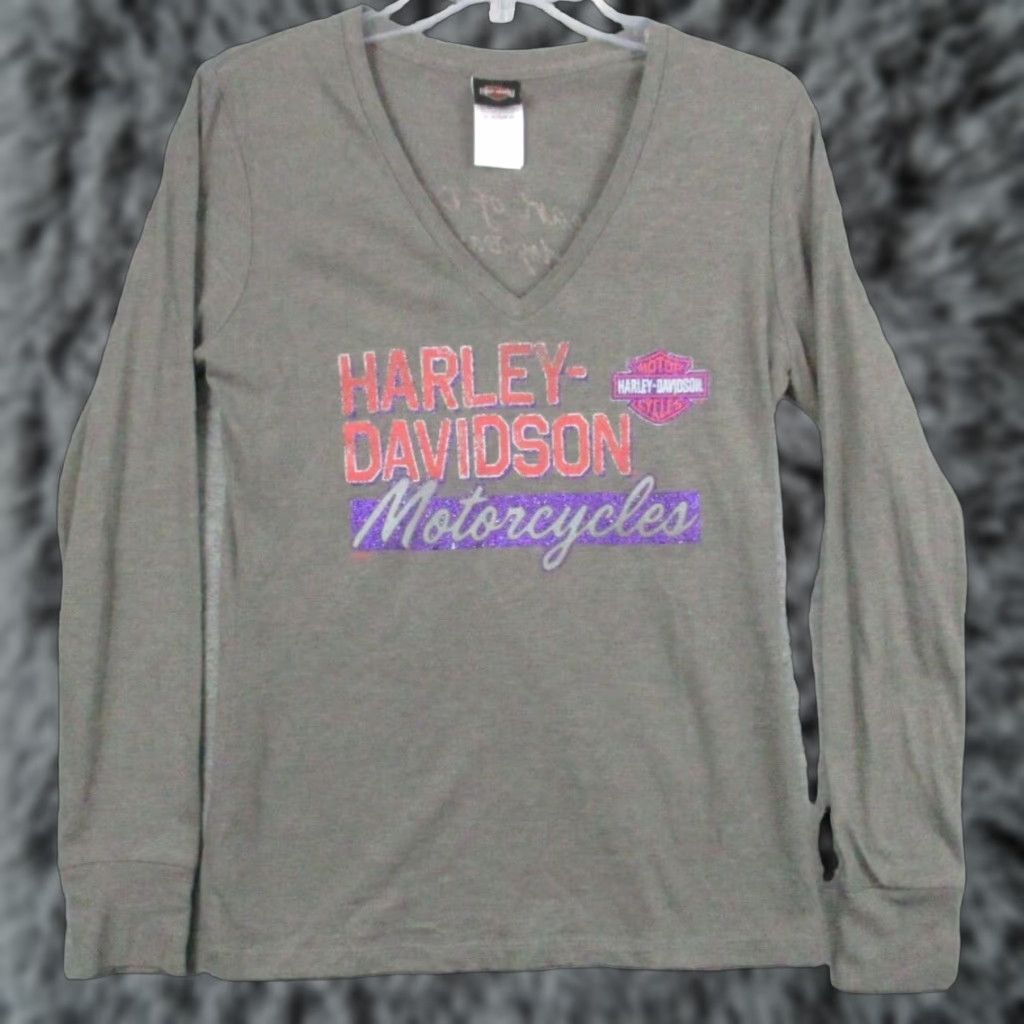 Harley Davidson Harley-Davidson Shirt Women's Gray Motorcycle Stretch Thumb Hole XL Gray Cotton Polyester Spandex Knit T-Shirt Casual Basic Skull Pattern Size XL / US 12-14 / IT 48-50 - 1 Thumbnail
