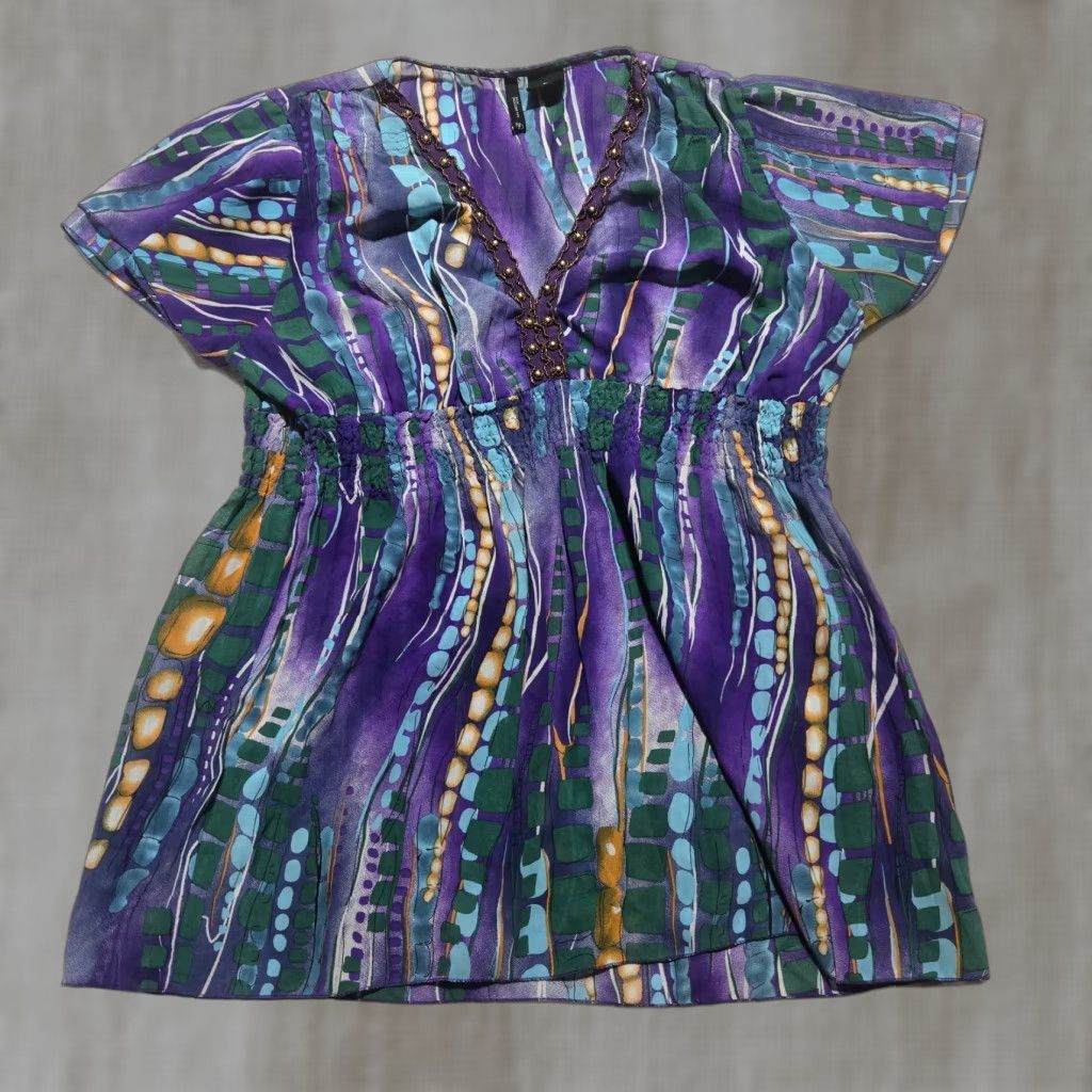 Vintage New Directions Women's Shirt Blouse Purple V-Neck Short Sleeve PL Petite Large Size L / US 10 / IT 46 - 1 Thumbnail