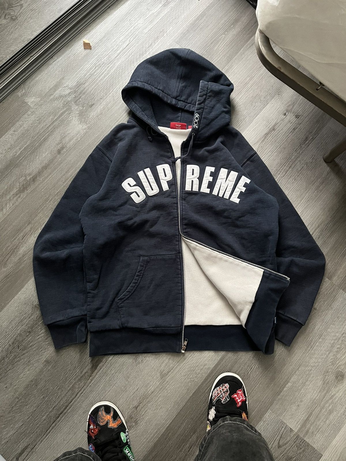 Supreme Supreme Navy Arch Logo Spell Out Thermal Zip Hoodie M
