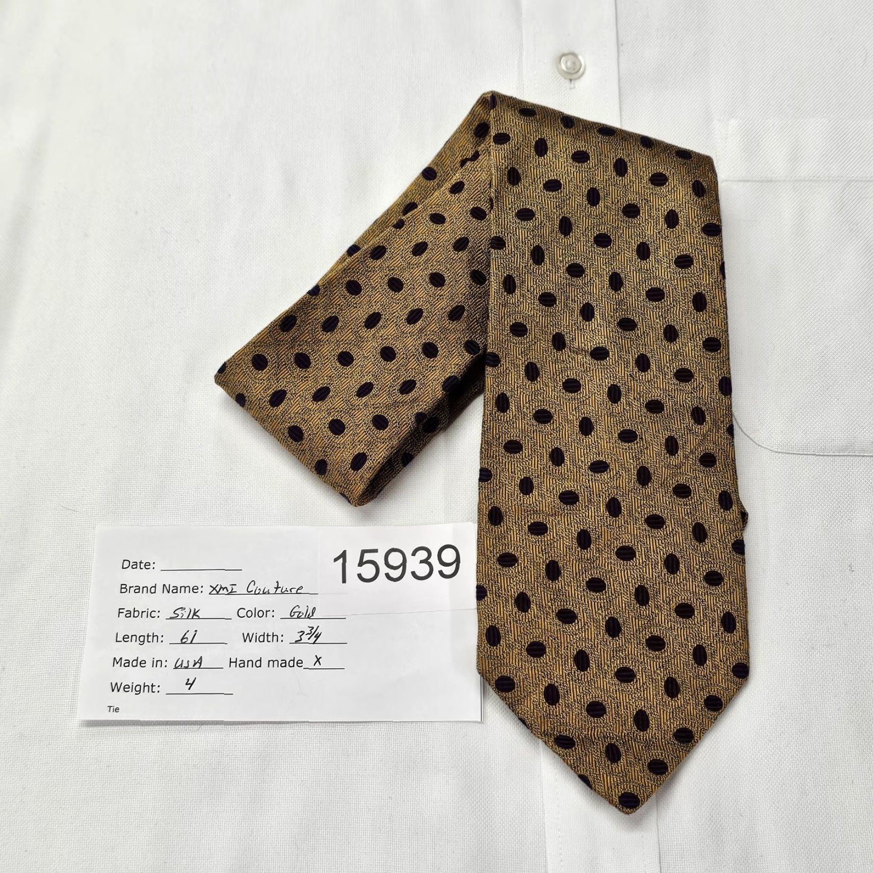 Vintage XMI Couture Long Necktie Men's Gold Purple Polka Dots Textured USA Silk Size ONE SIZE - 7 Thumbnail