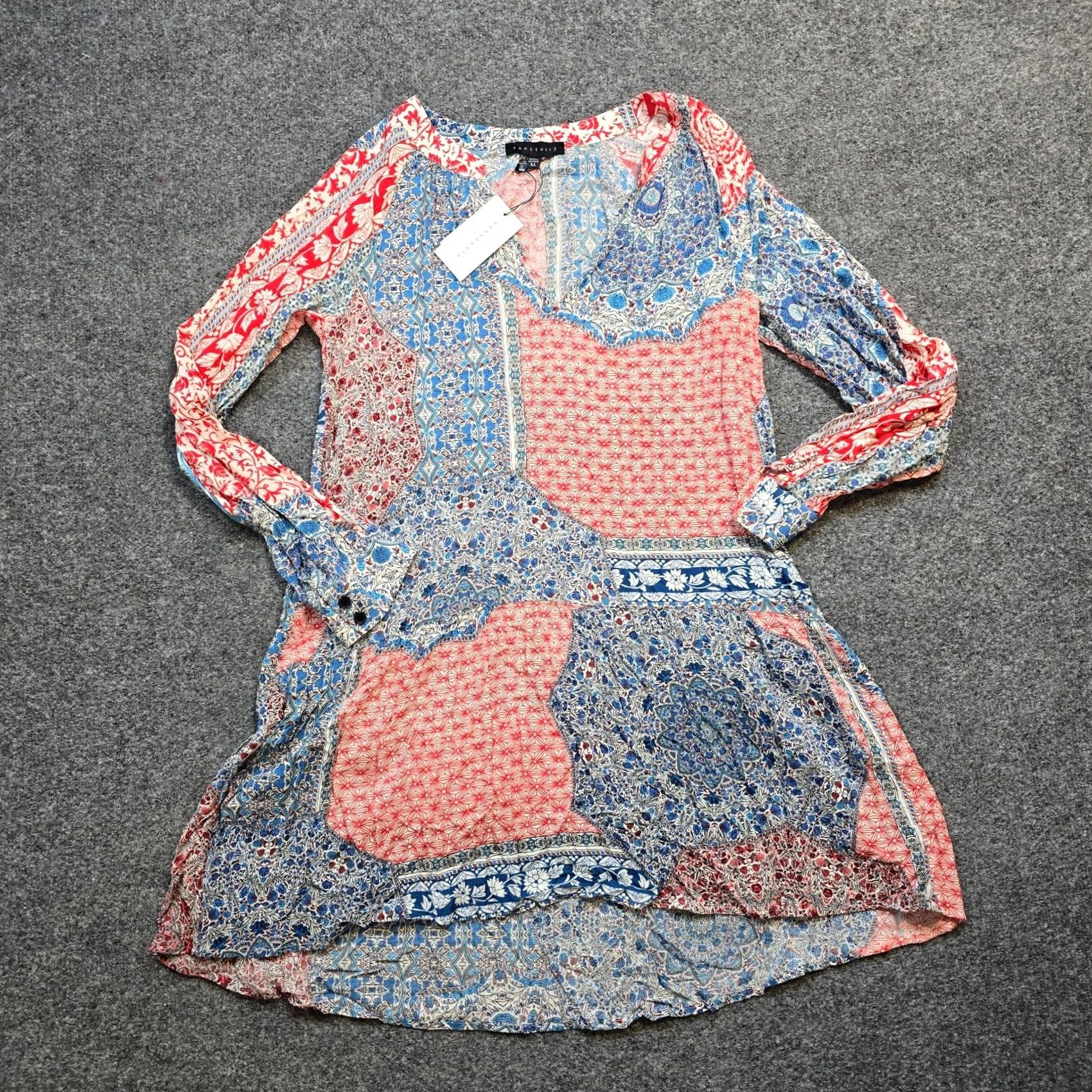 Sanctuary Sanctuary Dress Womens XL Blue Red Patchwork V Neck Boho Hippie Shirt Dress Womens XL Red Size XL / US 12-14 / IT 48-50 - 2 Thumbnail