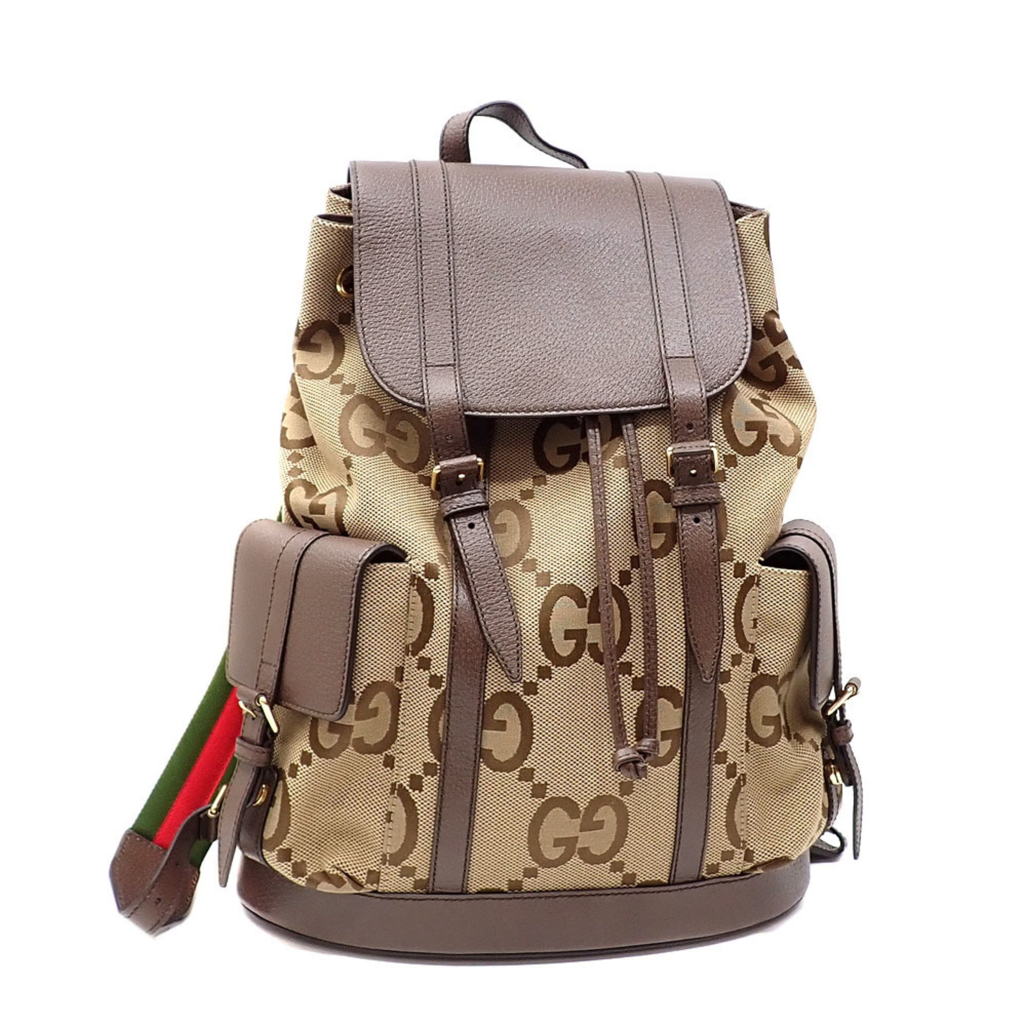 image of Gucci Backpack Men's Camel Ebony Jumbo GG Canvas Leather 678829 Shelly Webbing Line