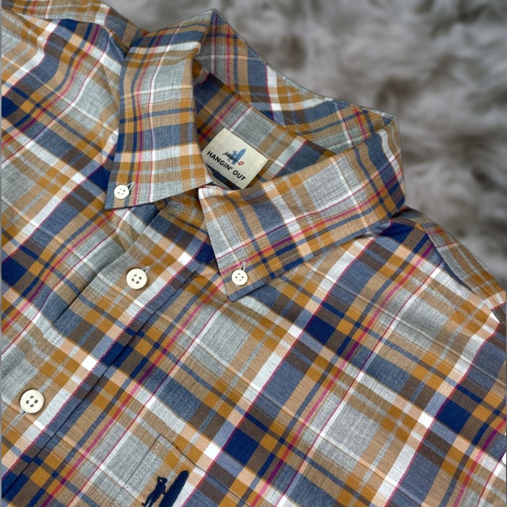 Johnnie-O Button-Up Shirt L/S 100% Cotton Plaid Brown/Blue/Purple/Gray XL Mens