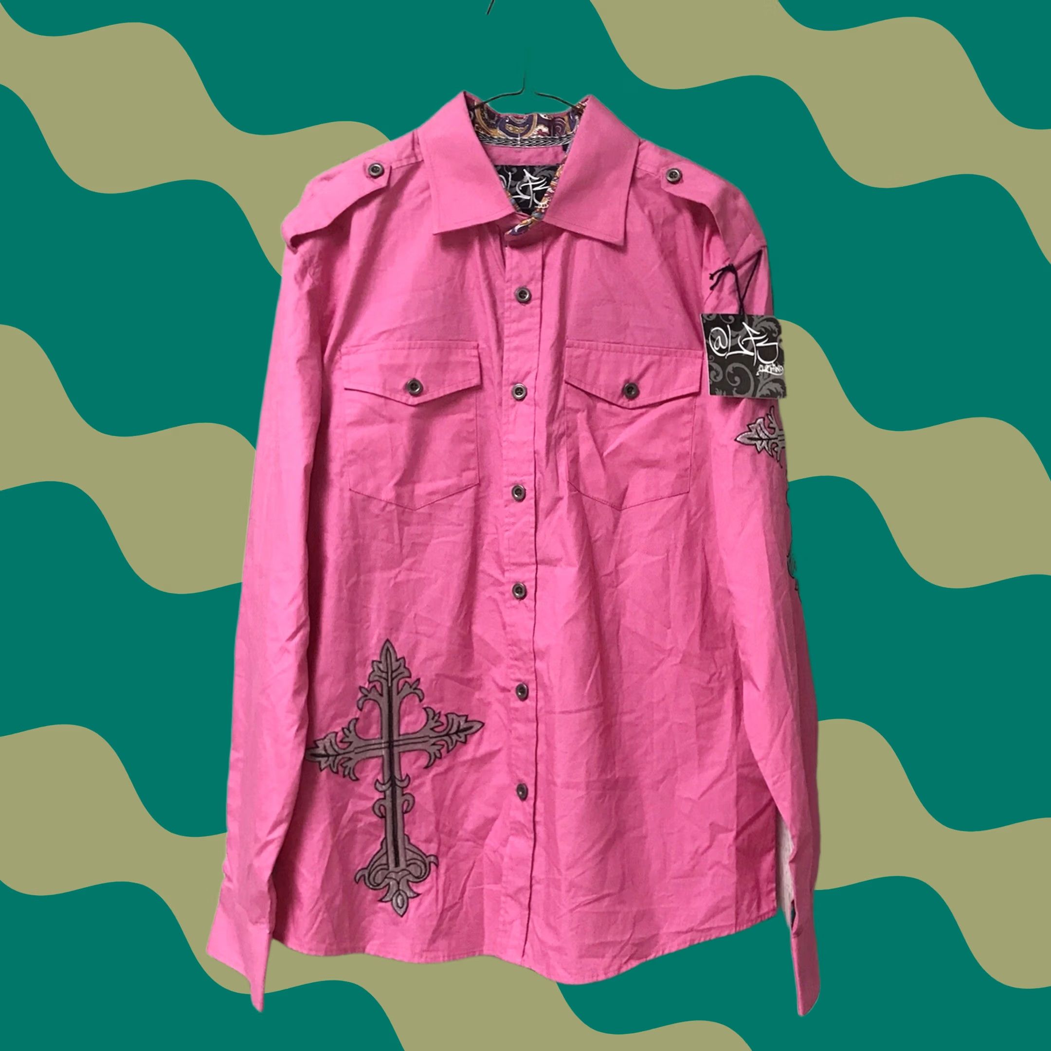 Pinko ALFs Men Pink Western Embroidered Cross Wings Button-Up Long Sleeve Shirt L Size US L / EU 52-54 / 3 - 1 Thumbnail