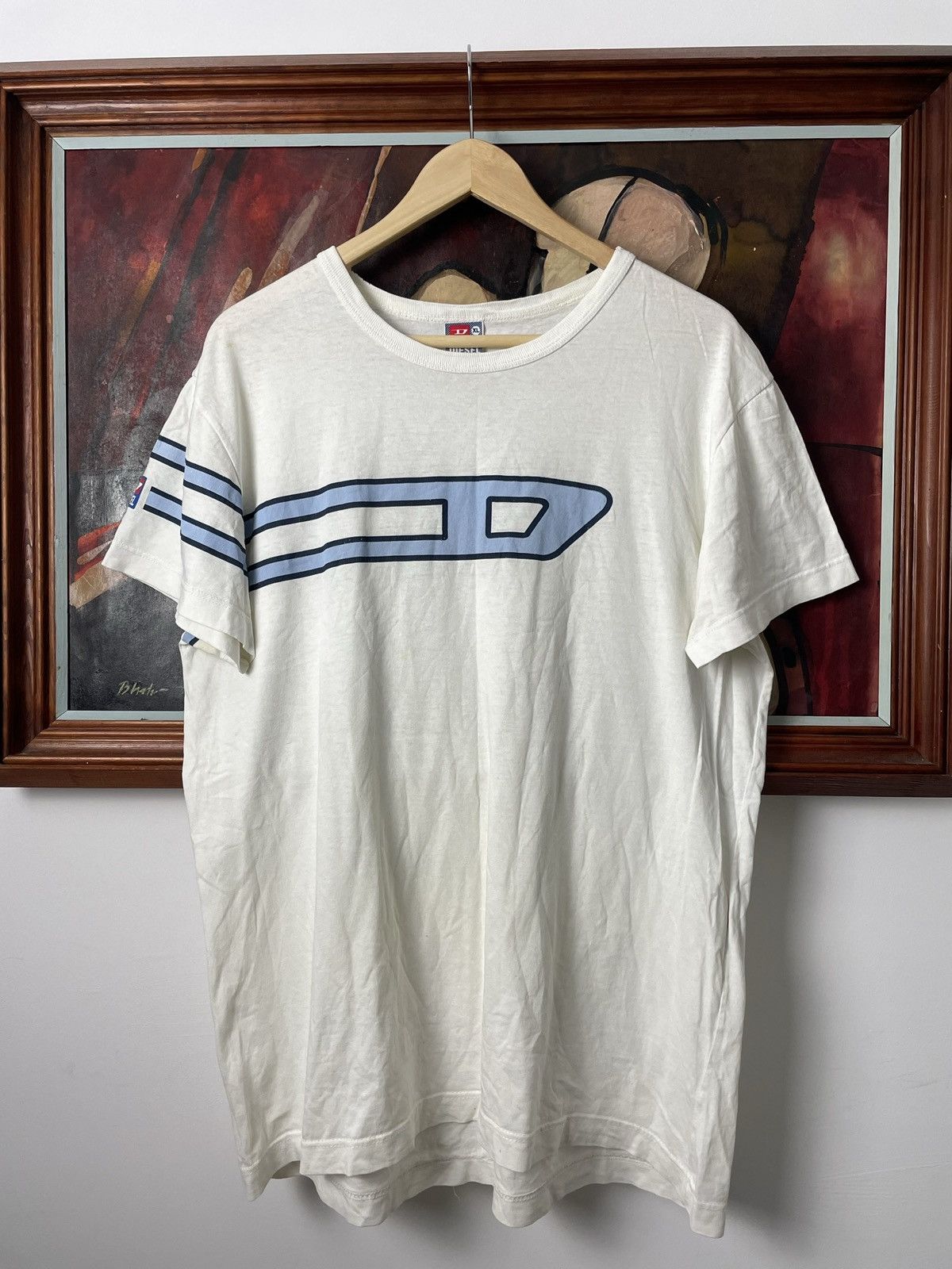 Vintage Y2K Beige Red Diesel Print Graphic Logo T-shirt S