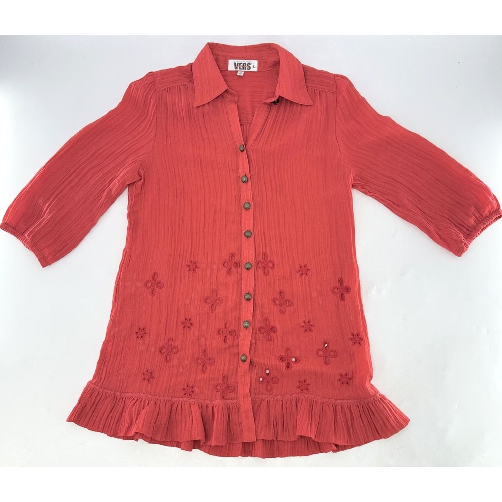 Vintage Couture Vers Yours Women's Red Embroidered Tunic Blouse L Boho Floral Button-Up Long Sleeve Size L / US 10 / IT 46 - 3 Thumbnail
