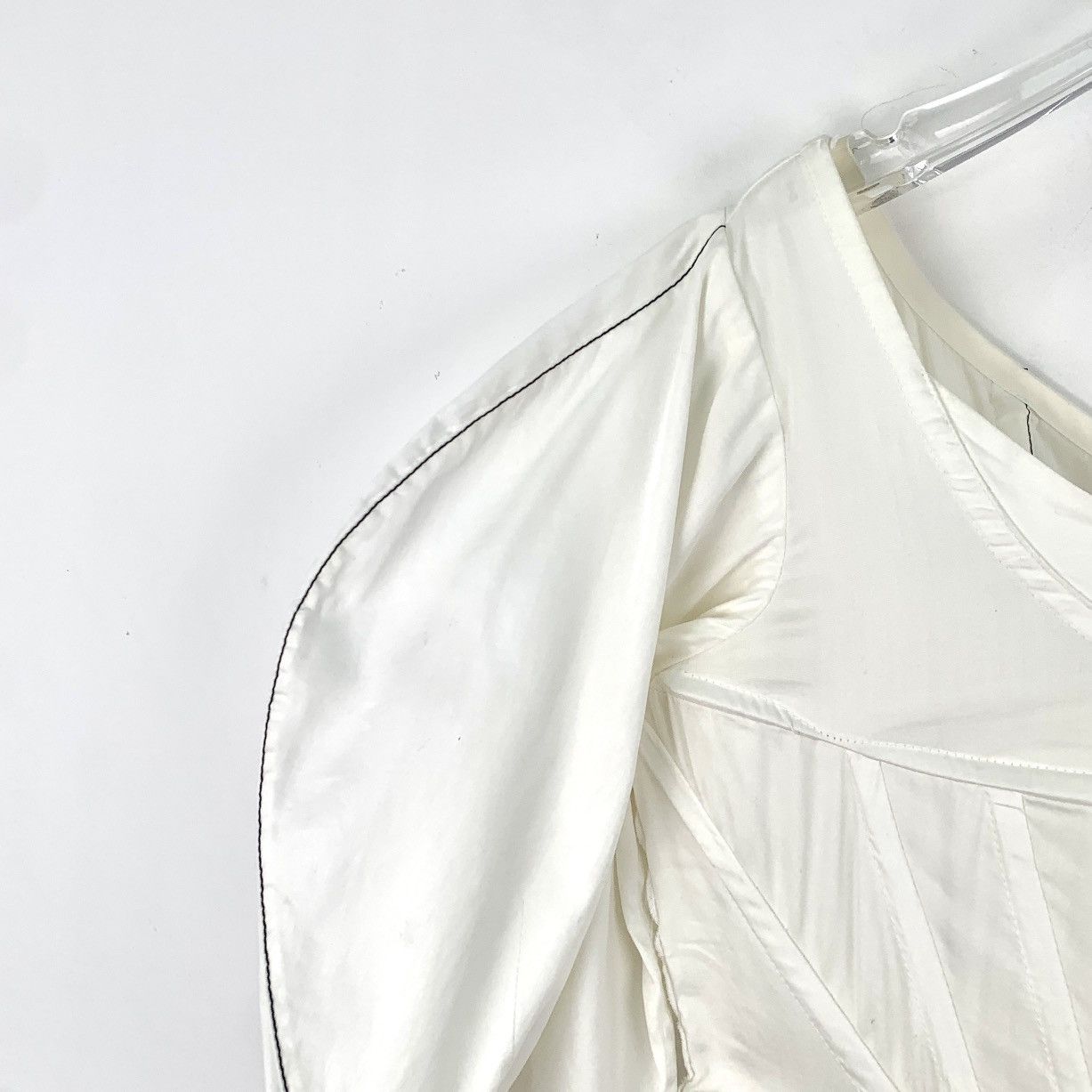 Celine Celine White Fishbone Cotton Crew Neck Puff Sleeve Top K26WX Size M / US 6-8 / IT 42-44 - 4 Thumbnail