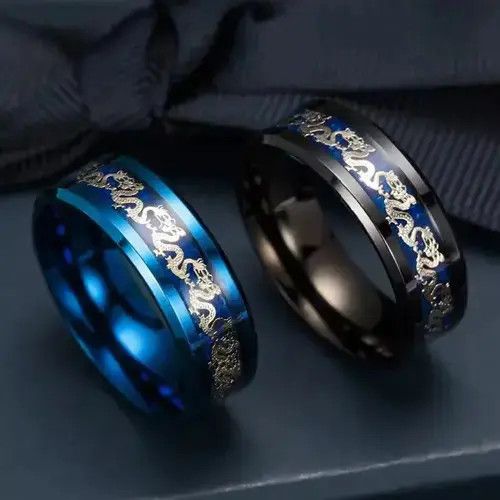 Jewelry x Ring Gold Plated Titanium Steel Dragon Rings Black & Blue, Men's