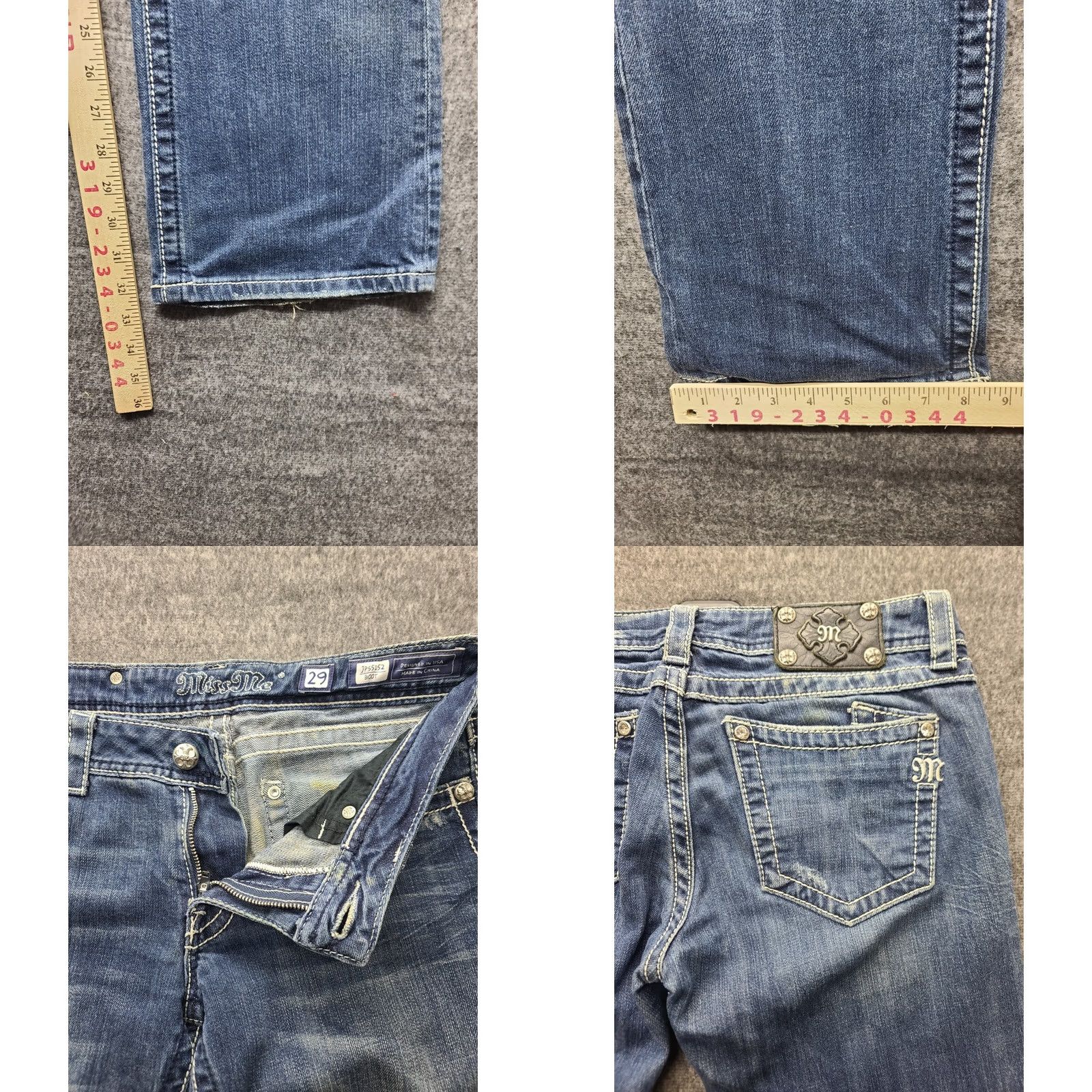 Miss Me Miss Me Jeans Womens 29x32 Regular Fit Bootcut Mid Rise Distressed Stretch Denim Blue Embroidered Rhinestone 5-Pocket Design Size 29" - 8 Thumbnail