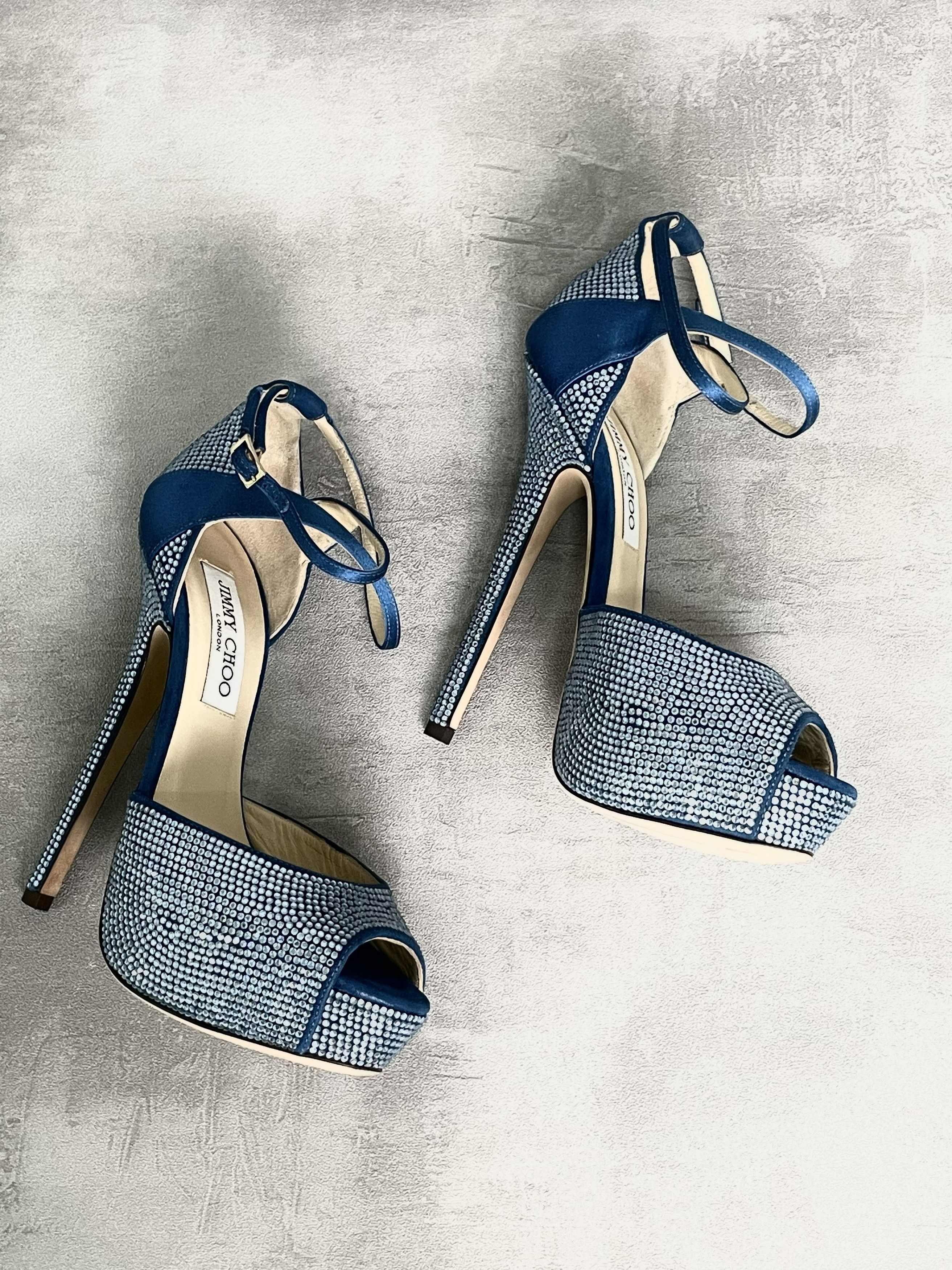 Jimmy Choo Jimmy Choo Blue Peep Toes 15cm Crystallized Platform Pumps Size US 7 / IT 37 - 7 Thumbnail