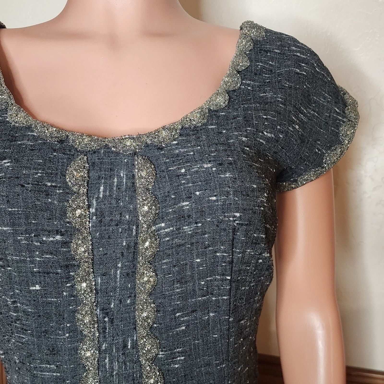 Vintage 1950s Grey Silk Tweed Rhinestone Beaded Embellished Dress L Size L / US 10 / IT 46 - 5 Thumbnail