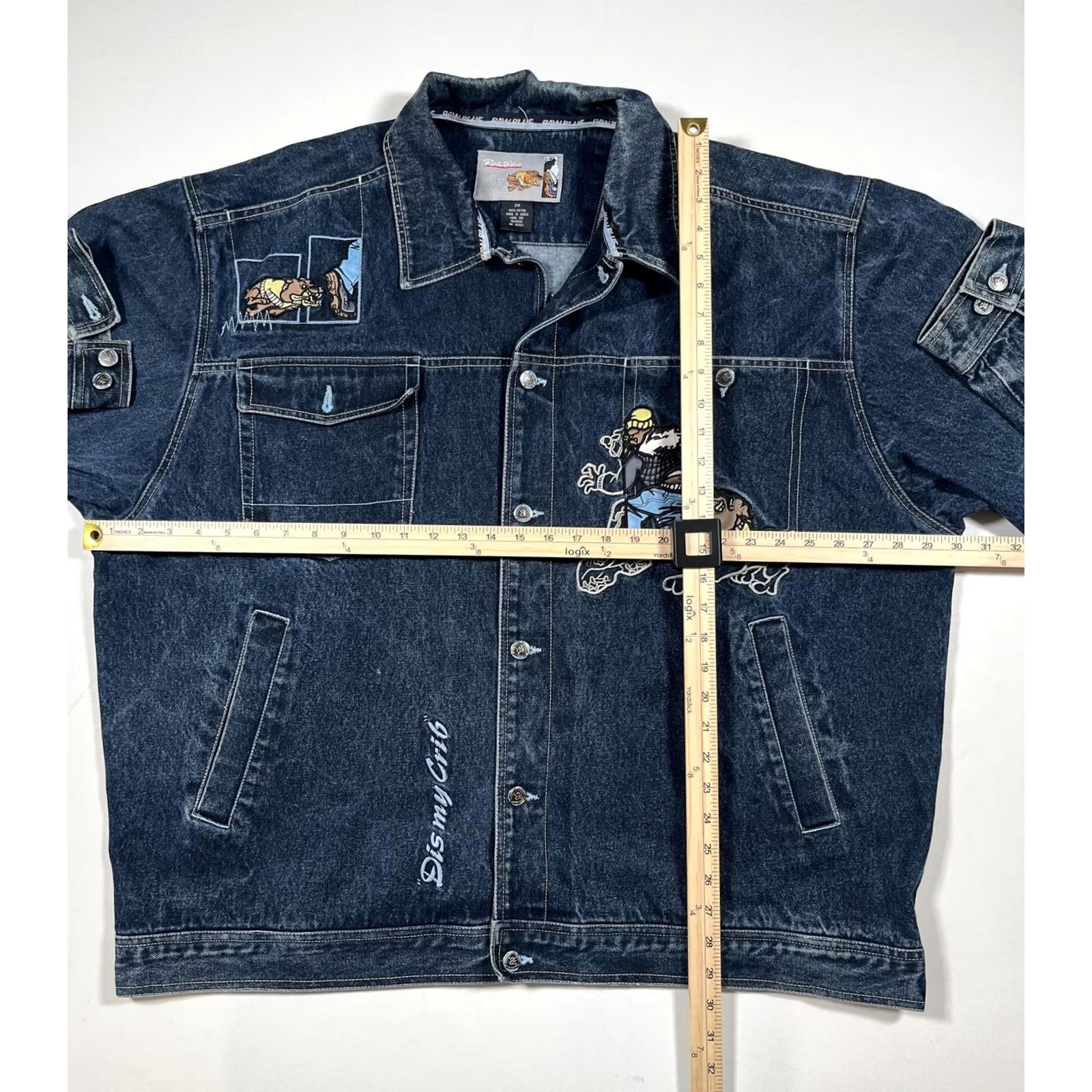 Denime Raw Blue Denim Jacket Mens 2XL Embroidered Bulldog Graphic Dis my Crib Applique Size US XXL / EU 58 / 5 - 7 Thumbnail