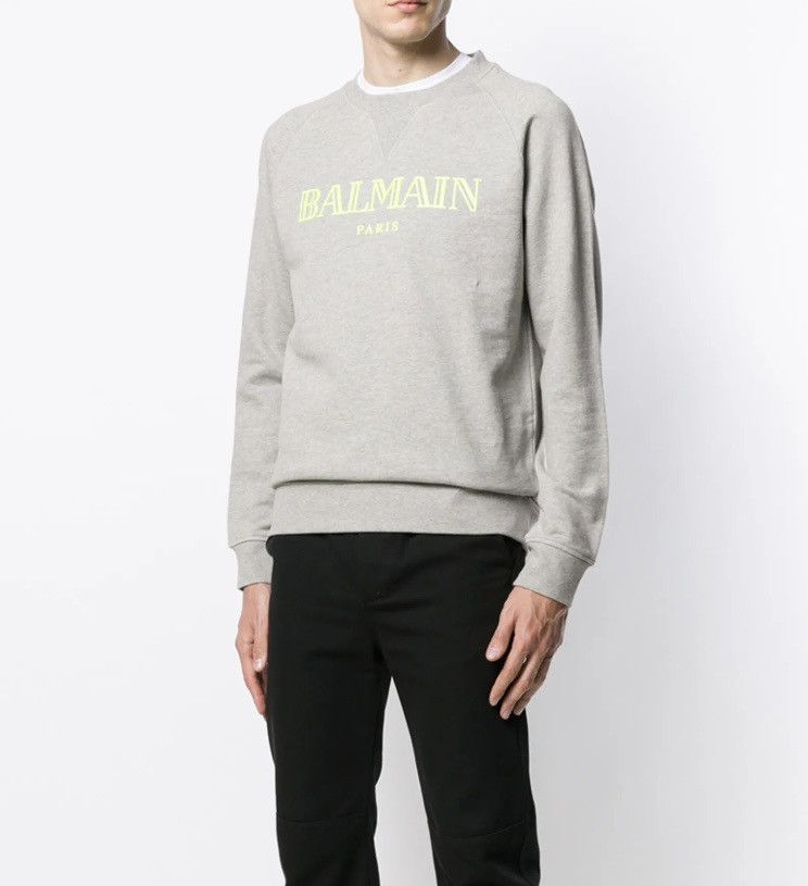 Balmain Balmain Paris Logo Sweatshirt - Heather Grey / Neon Yellow Size US XL / EU 56 / 4 - 2 Thumbnail