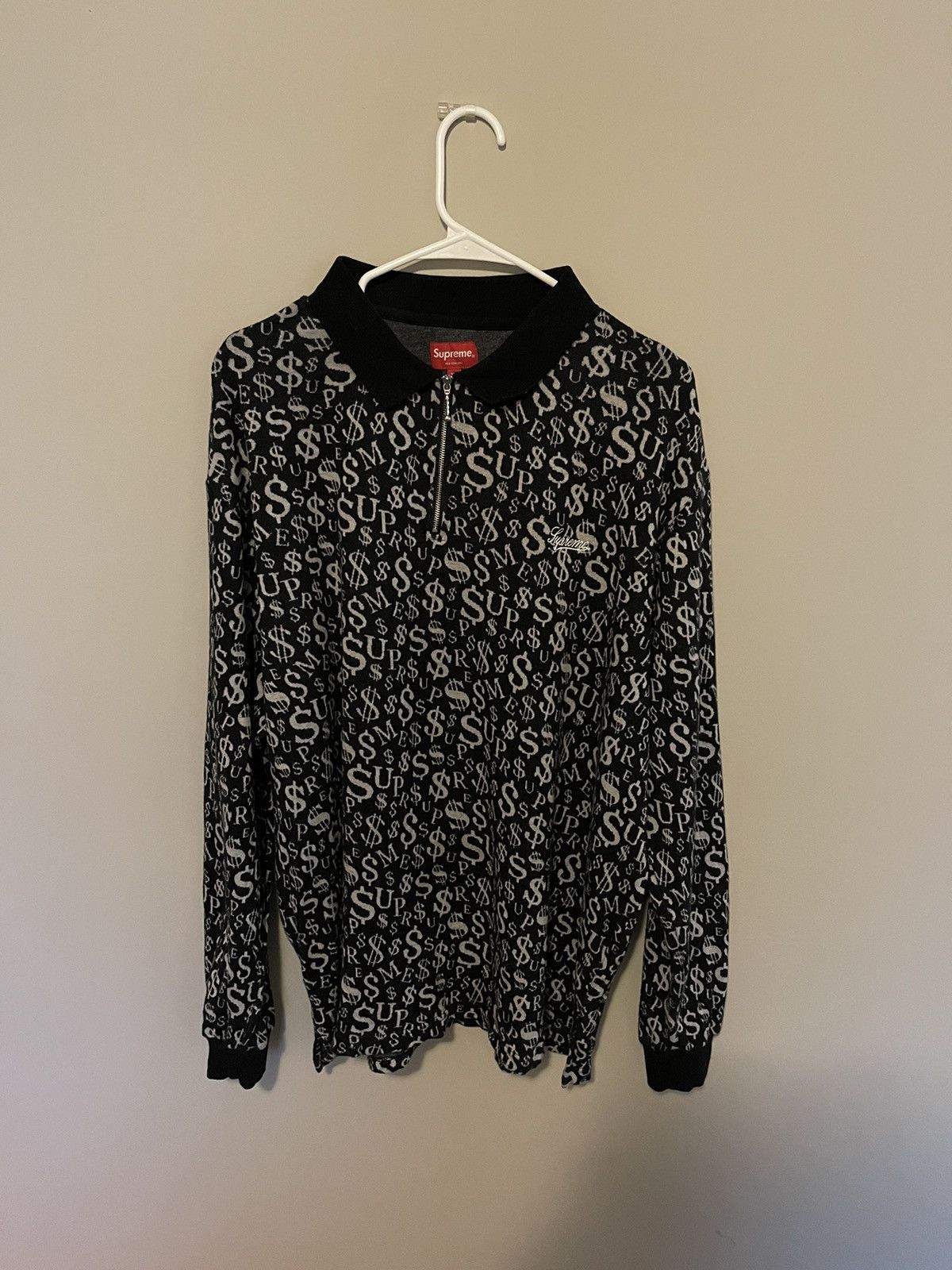 Supreme Currency Jacquard Zip Polo Black Supreme Stripe Zip L/S