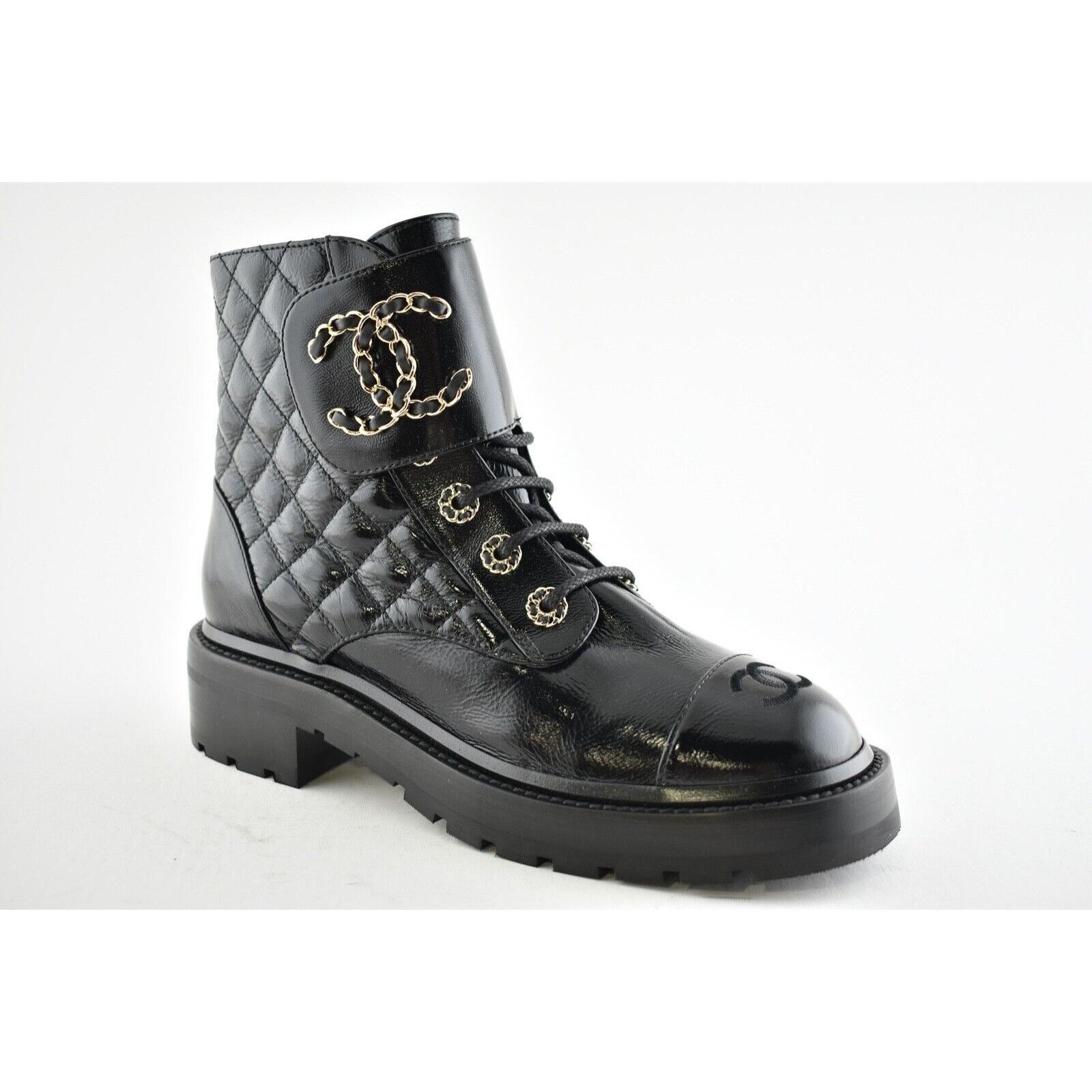 Chanel 21A Patent Quilted Gold CC Chain Combat Ankle Short Boot 40 Size US 10 / IT 40 - 4 Thumbnail