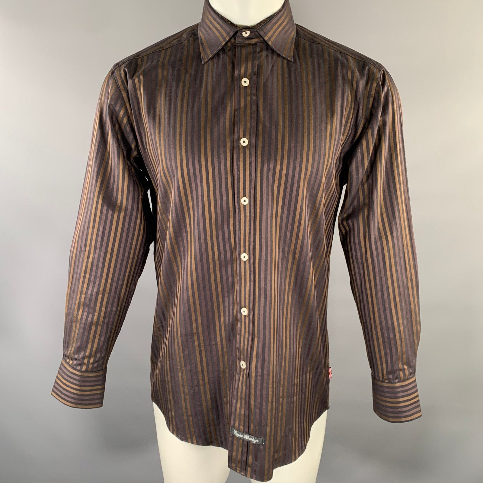English Laundry S Brown Black Stripe Cotton Spread Collar L/S Shirt Size US S / EU 44-46 / 1 - 1 Thumbnail