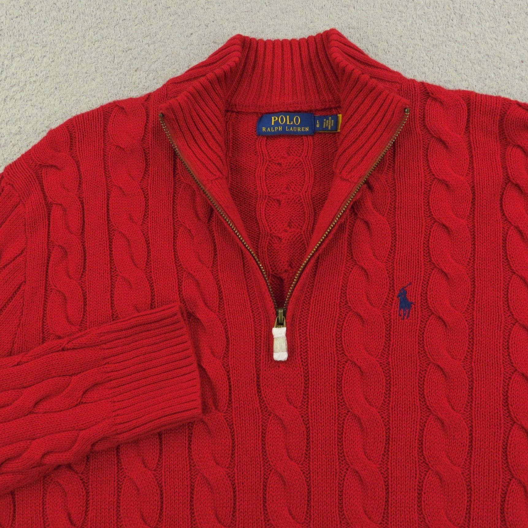 Polo Ralph Lauren Sweater Mens Large Red 1/4 Zip Pullover Cableknit Navy Pony