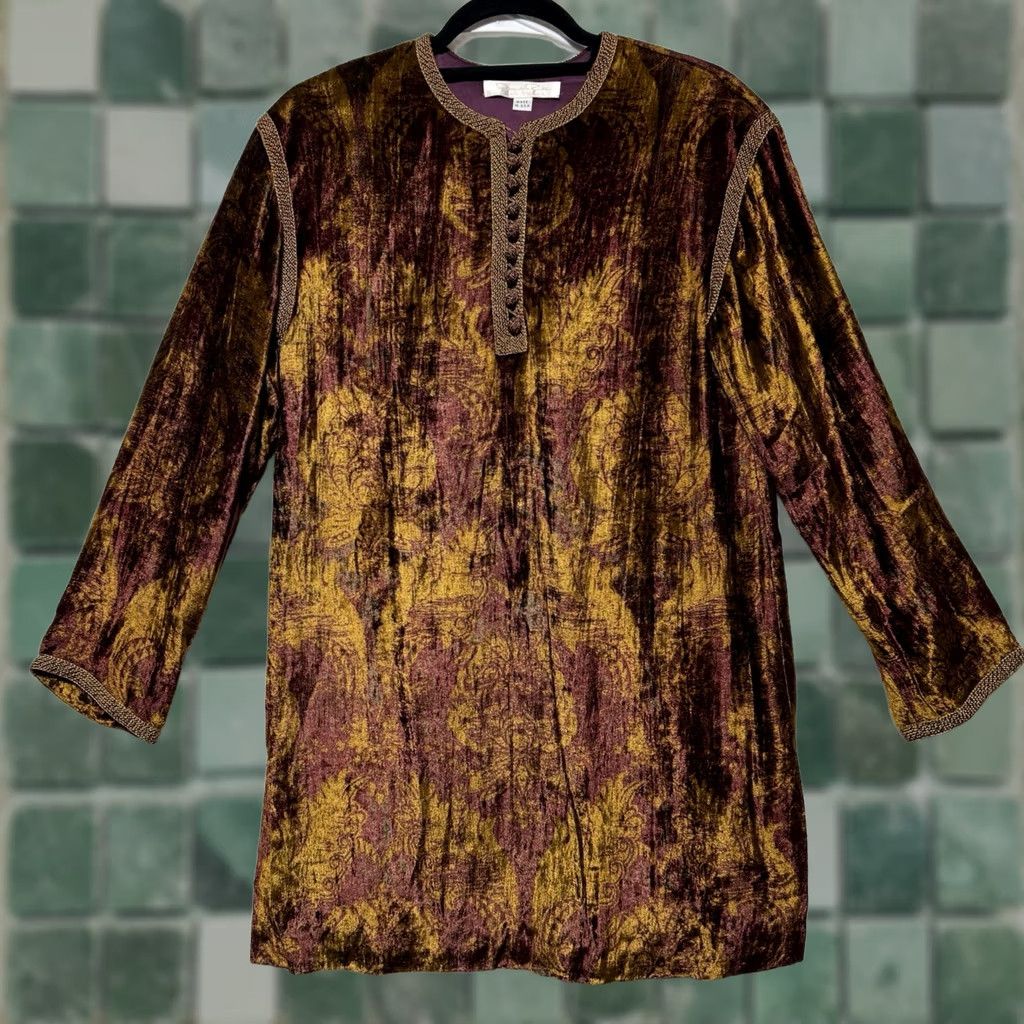 Oscar De La Renta VTG Oscar de la Renta Pink Label 2 Piece Crushed Velvet Union Made Outfit Top & Pants Set Women 1990s Burgundy Gold Velvet Eveningwear USA reads* Size ONE SIZE - 1 Thumbnail