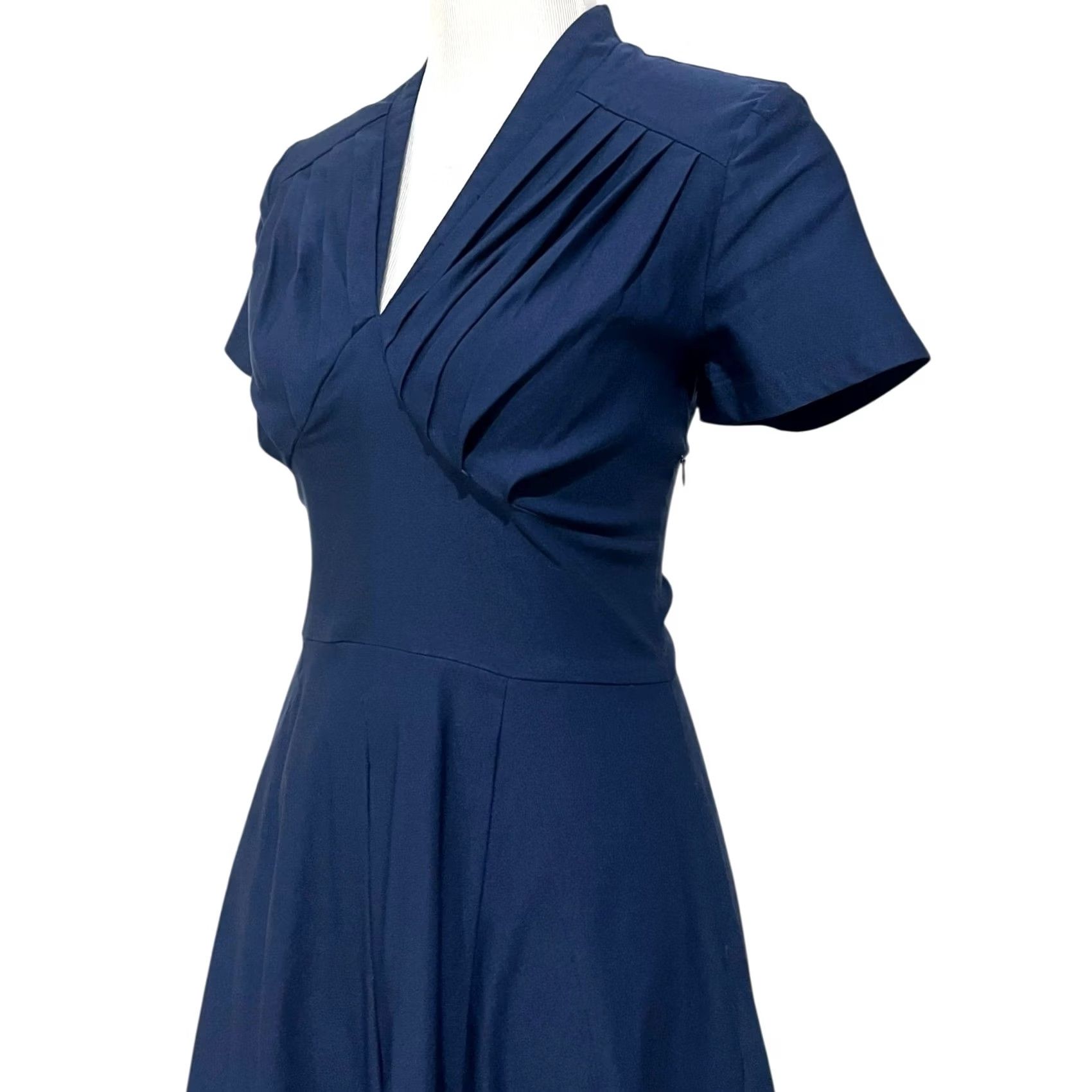 Vintage Miss Lulo Dress Navy Blue Midi Fit & Flare Pleated Short Sleeve Stretch Womens L Dress Size 36" / US 14 / IT 50 - 4 Thumbnail