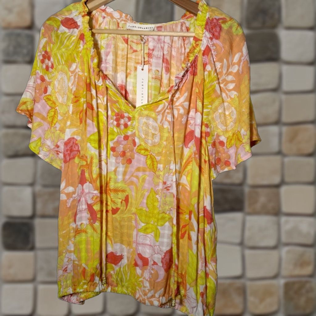 Vintage Jane + Delancey Women's Blouse XL Short Sleeve Rayon Peasant Floral Tie Neck Boho Summer Size XL / US 12-14 / IT 48-50 - 1 Thumbnail