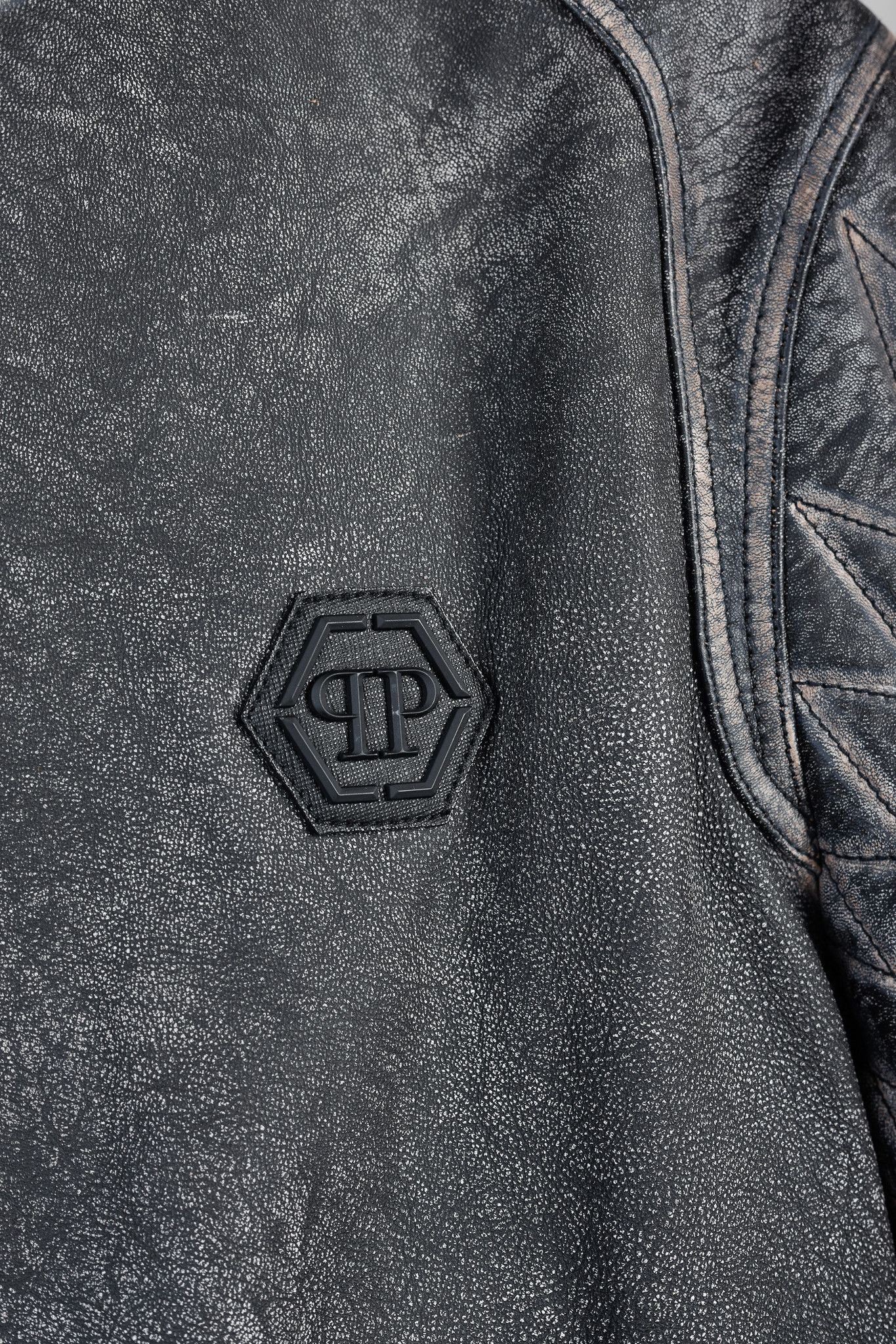 Philipp Plein Philipp Plein Grey Black Skull Leather Moto Jacket Size US XXL / EU 58 / 5 - 8 Thumbnail