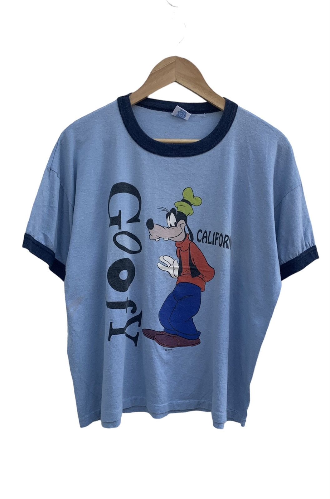 image of Cartoon Network x Disney Vintage 80's Disney Goofy California Ringer T Shirt in Baby Blue (Size Lar