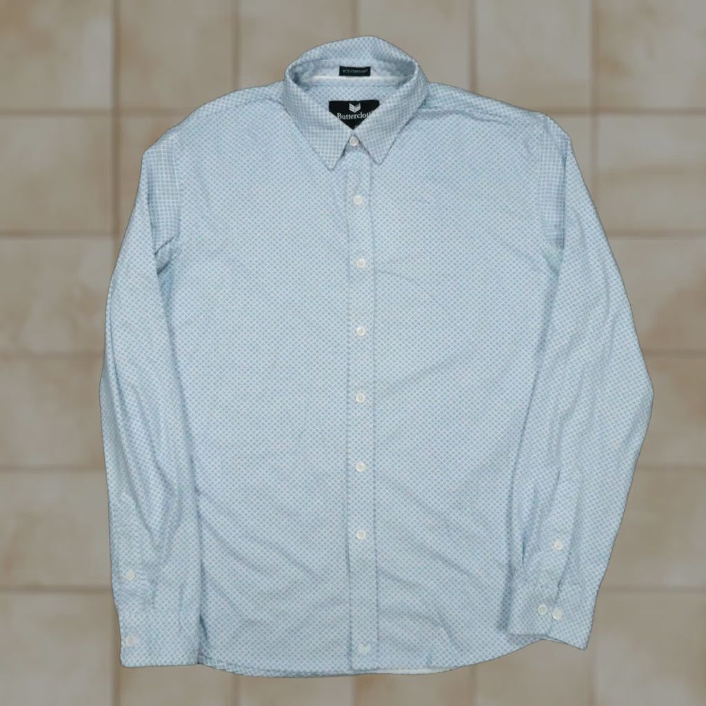 Vintage Buttercloth Shirt Mens L Blue White Geo Long Sleeve Icy Cotton Slim Fit Size US L / EU 52-54 / 3 - 1 Thumbnail
