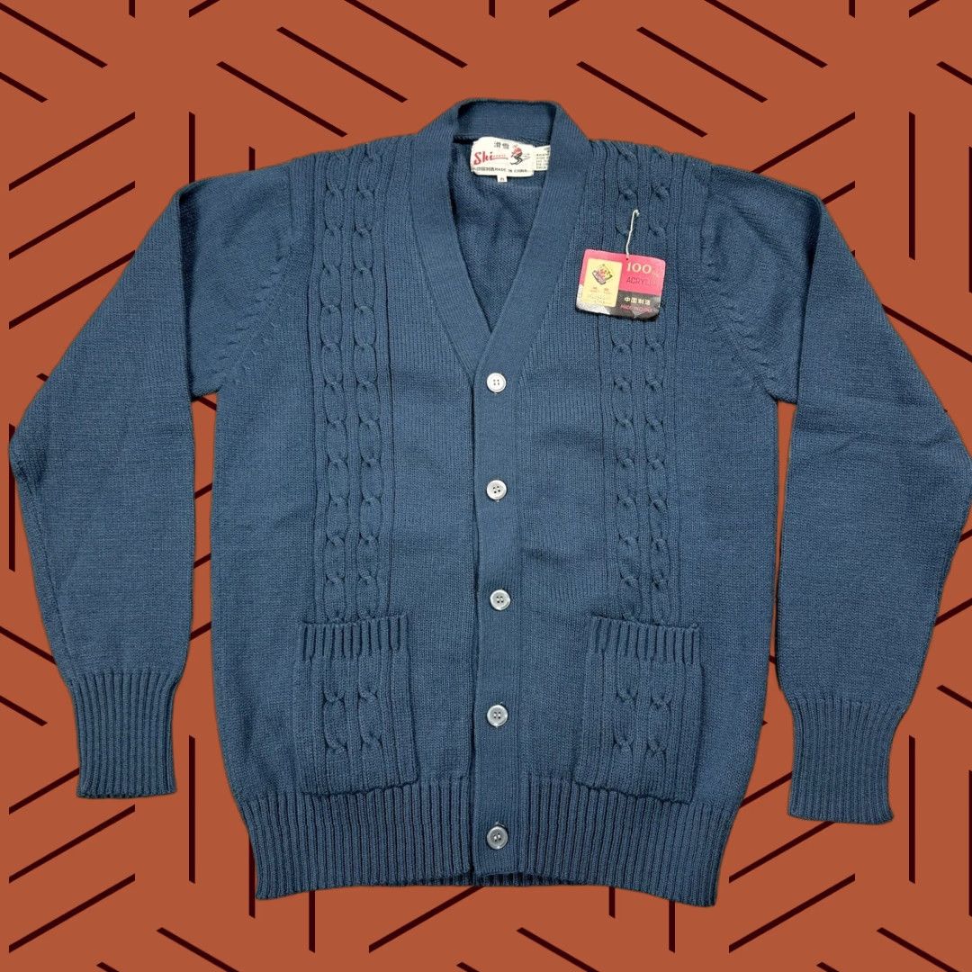 VINTAGE SKI BRAND CABLE KNIT CARDIGAN SWEATER MENS M ACRYLIC BLUE 70S IVY PREP