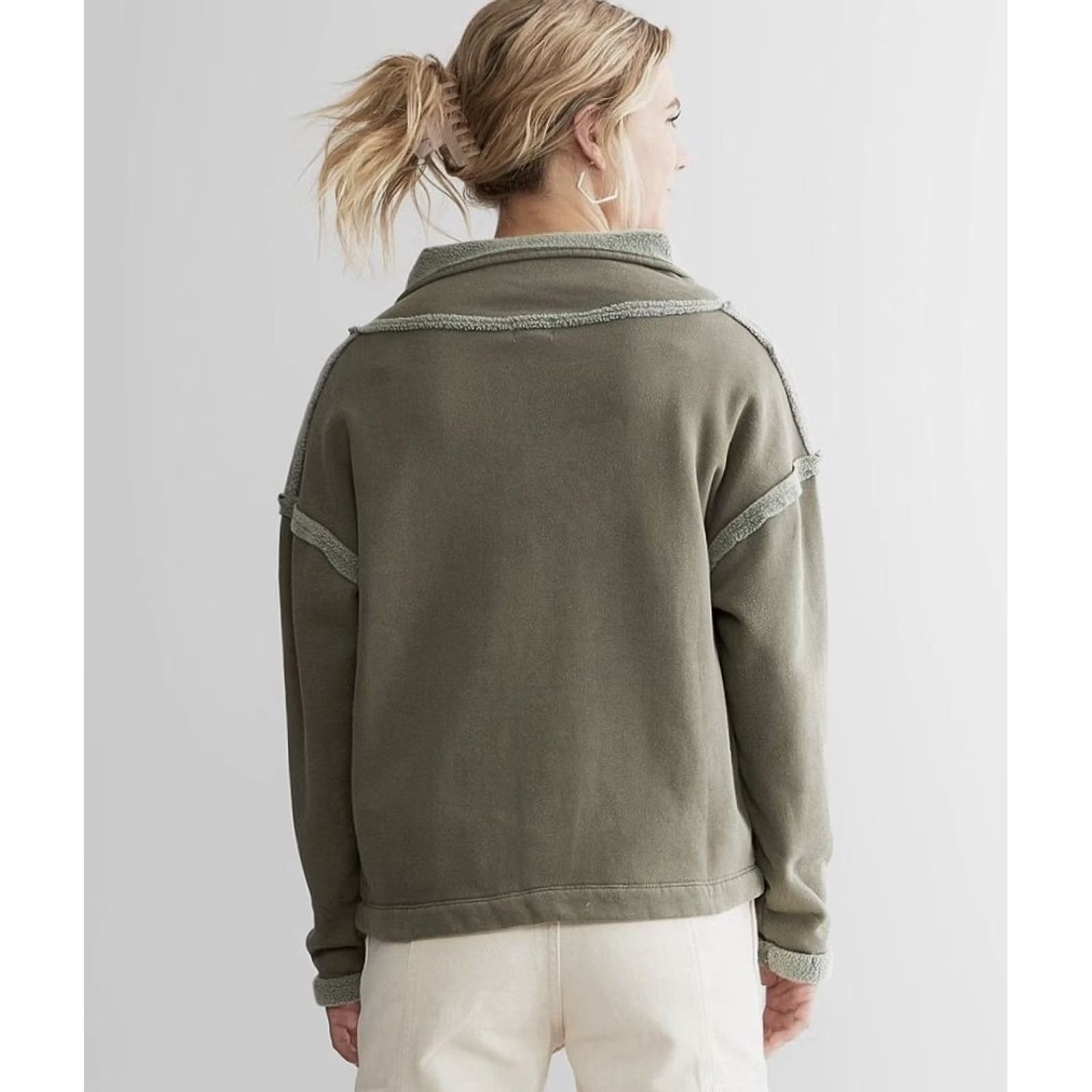 Vintage Buckle Women Pullover Sweater Mock Neck 1/4 Snap Fleece Lined Washed Olive Green S Size S / US 4 / IT 40 - 2 Thumbnail