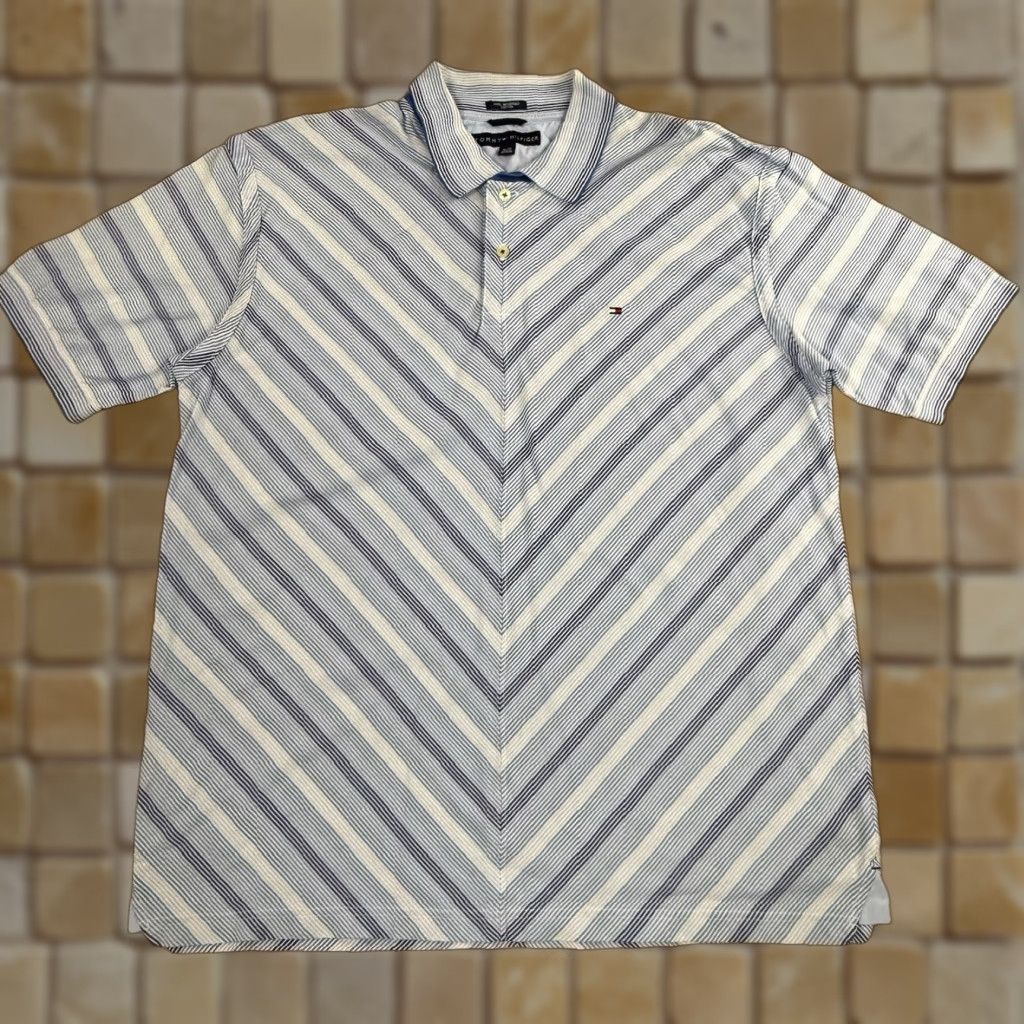 Tommy Hilfiger Tommy Hilfiger Polo Shirt Men XL Blue Stripe Chevron Cotton Short Sleeve Regular Size Size US XL / EU 56 / 4 - 1 Thumbnail