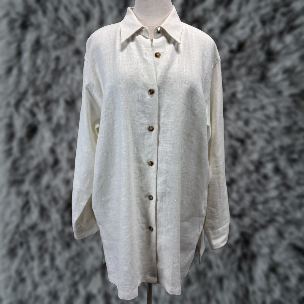 Vintage Worlds Apart Linen Tunic Top Women's Large Ivory Lagenlook Long Sleeve Button-Up Size L / US 10 / IT 46 - 1 Thumbnail