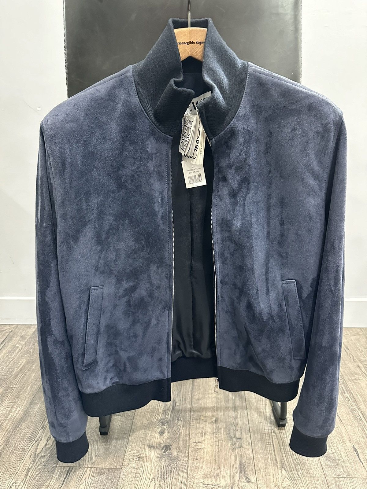 image of Loewe Navy Suede Bomber Jacket, Men's (Size Small)