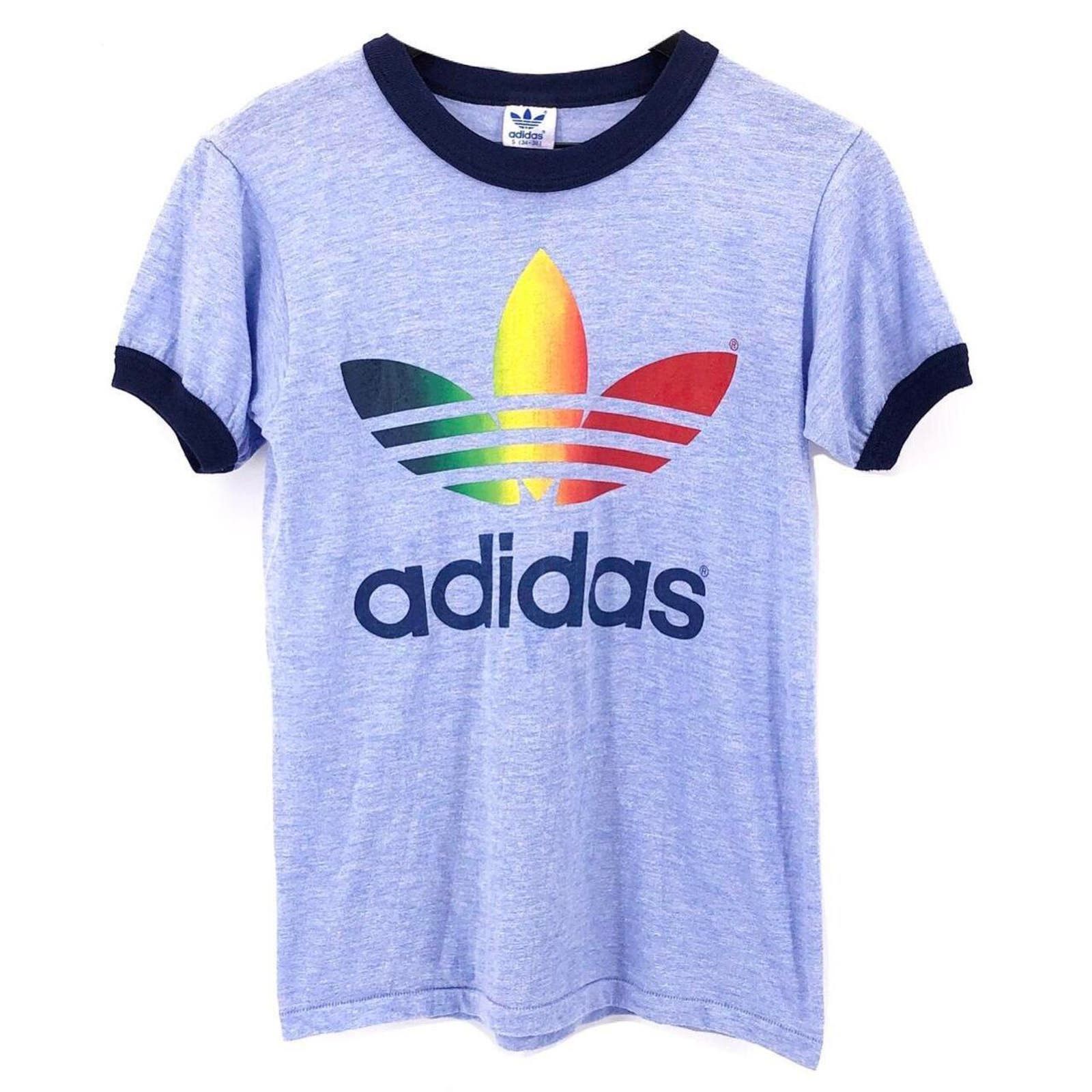 image of Adidas Rainbow Trefoil Ringer Tshirt 80's 1980S Vintage in Blue, Men's (Size Small)