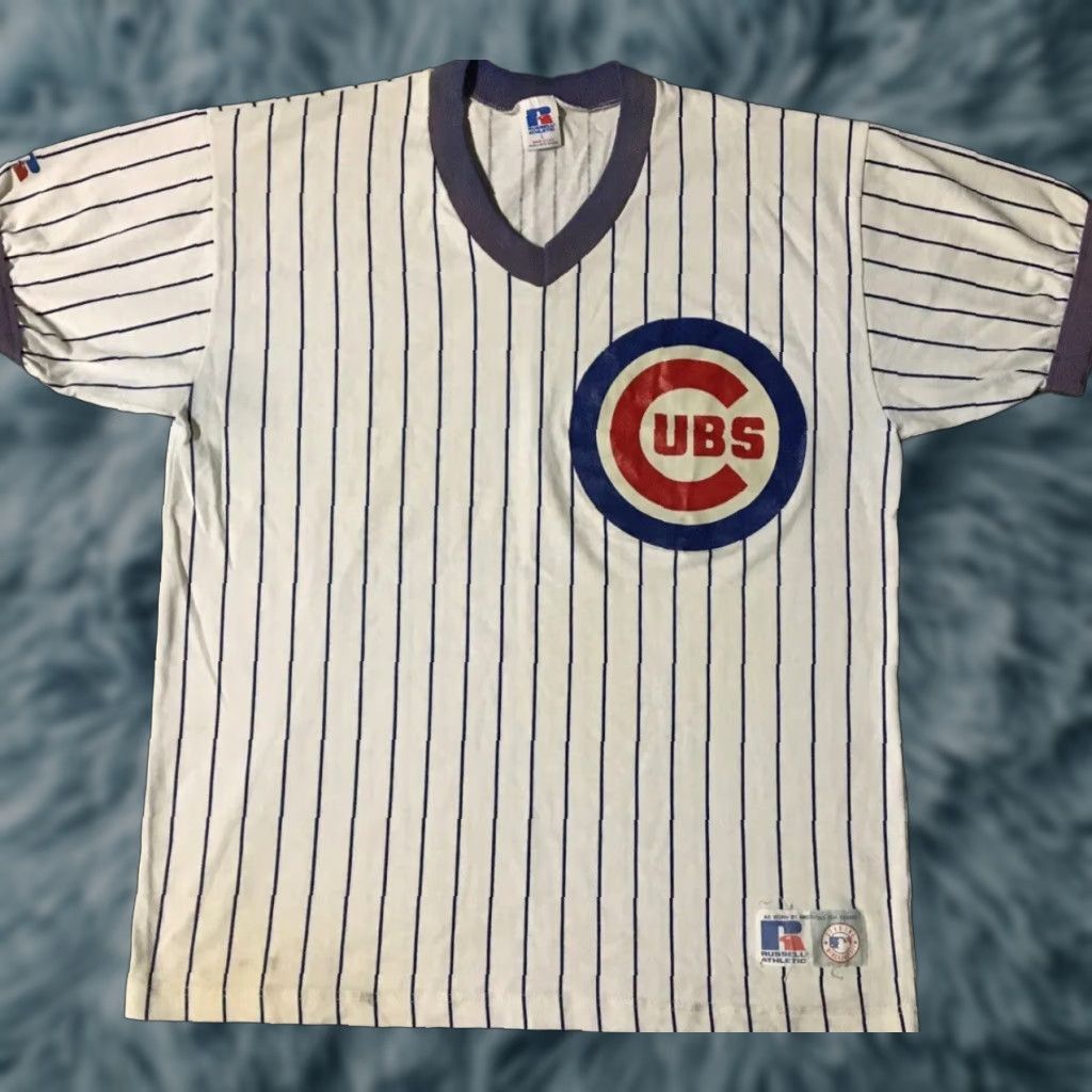 VINTAGE Russell Athletic Chicago Bulls Jersey Shirt M L USA Striped 90s Grunge Short Sleeve T-Shirt Mens