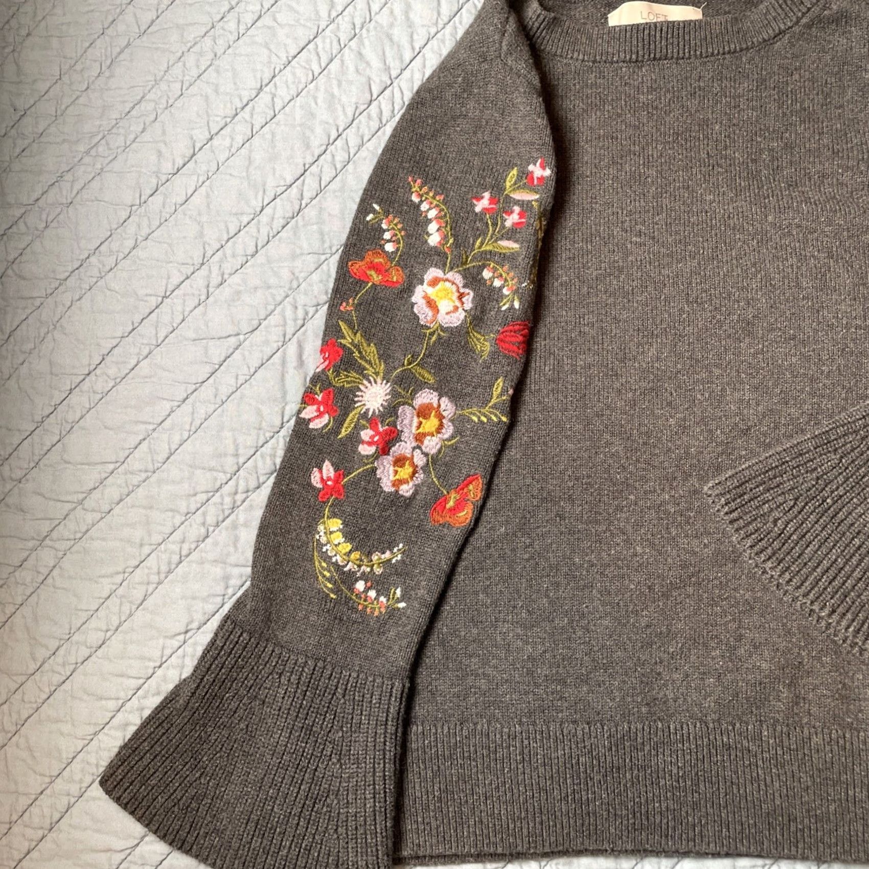 Loft VINTAGE LOFT Sweater PS Charcoal Bell Sleeve Crochet Embroidered Cotton Knit Pullover Ladies Size S / US 4 / IT 40 - 5 Thumbnail