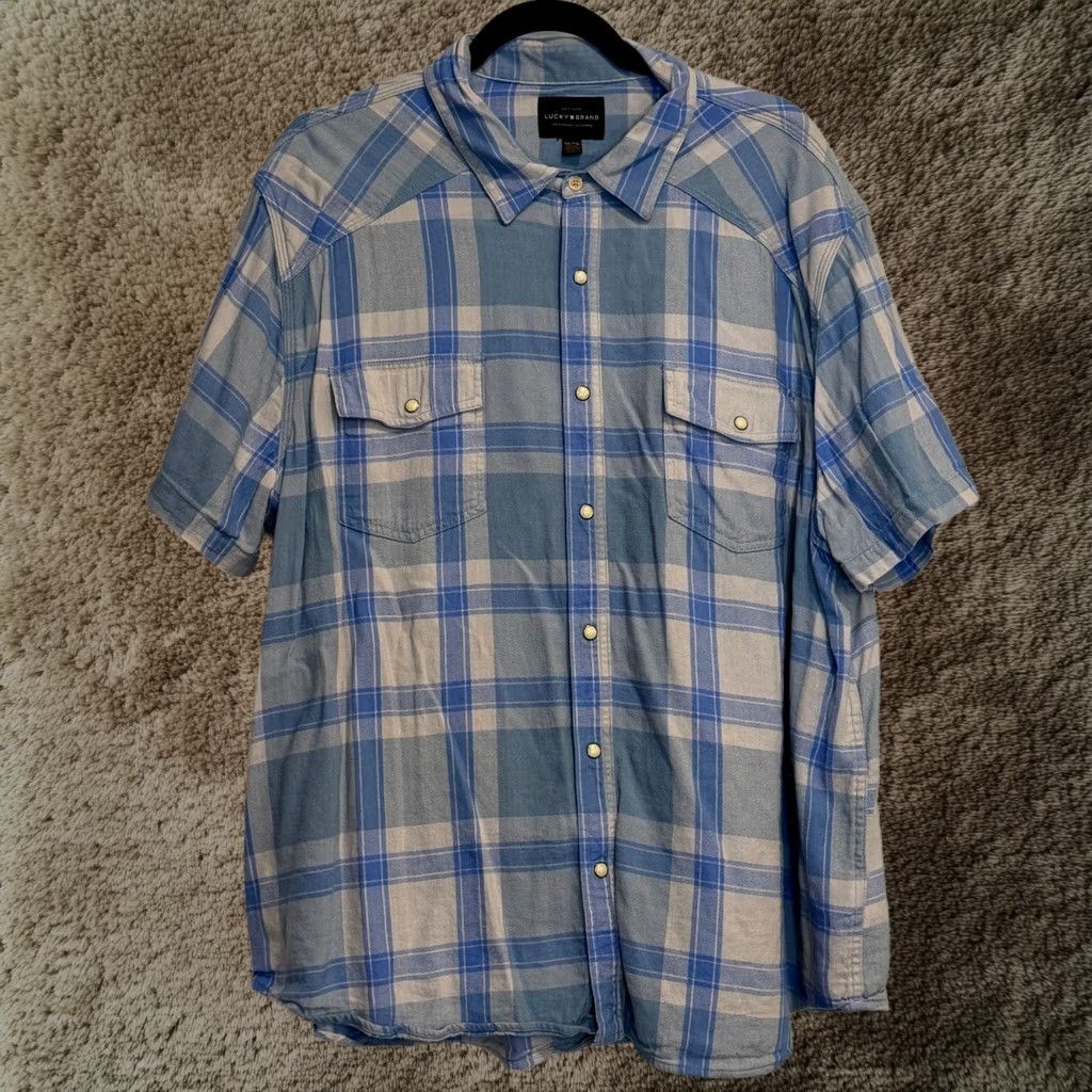 Lucky Brand Shirt Mens 2XL Blue Grey Plaid Western Short Sleeve Snap Pocket Cowboy, Men's (Size Xxl)