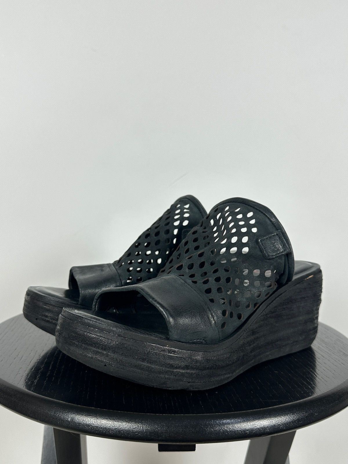 A.S.98 A.S.98 Black Perforated Leather Platform Slide Mules Sandals Size US 7 / IT 37 - 12 Thumbnail