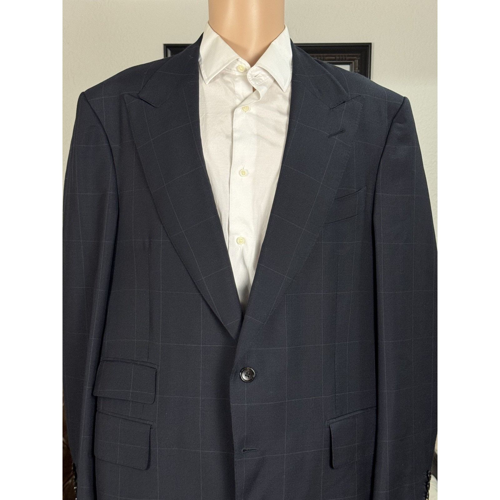 Tom Ford Tom Ford Navy Windowpane Suit 2 Pc Peak 48R 39x30 WoolMohair Size 48R - 3 Thumbnail