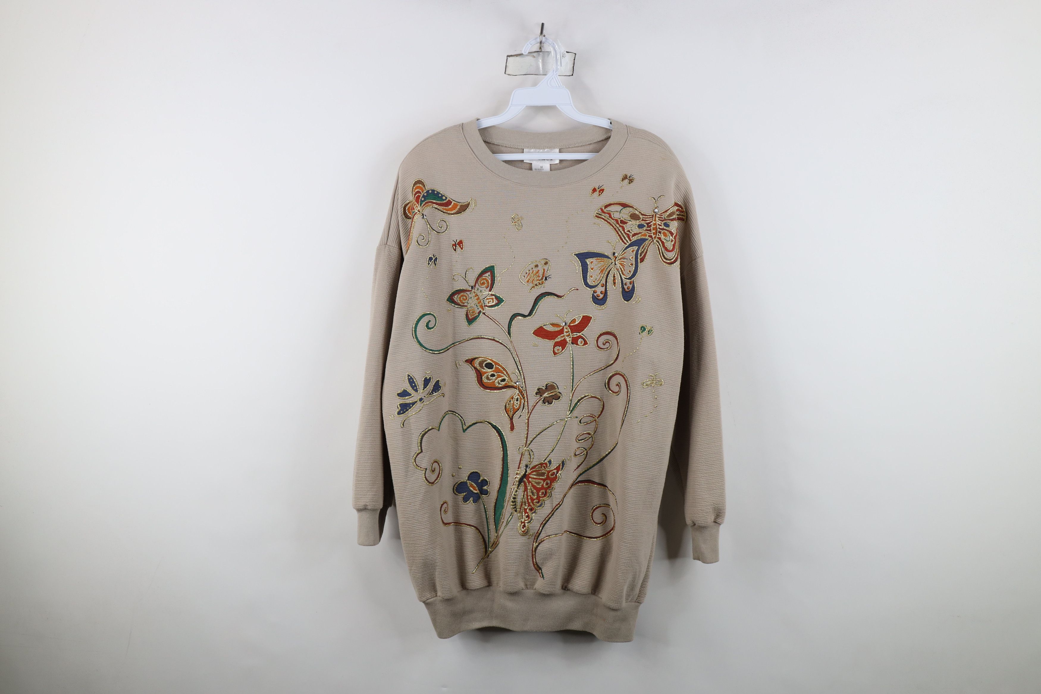 Vintage Vintage 90s Streetwear Butterfly Flower Sweatshirt Beige Size M / US 6-8 / IT 42-44 - 1 Thumbnail