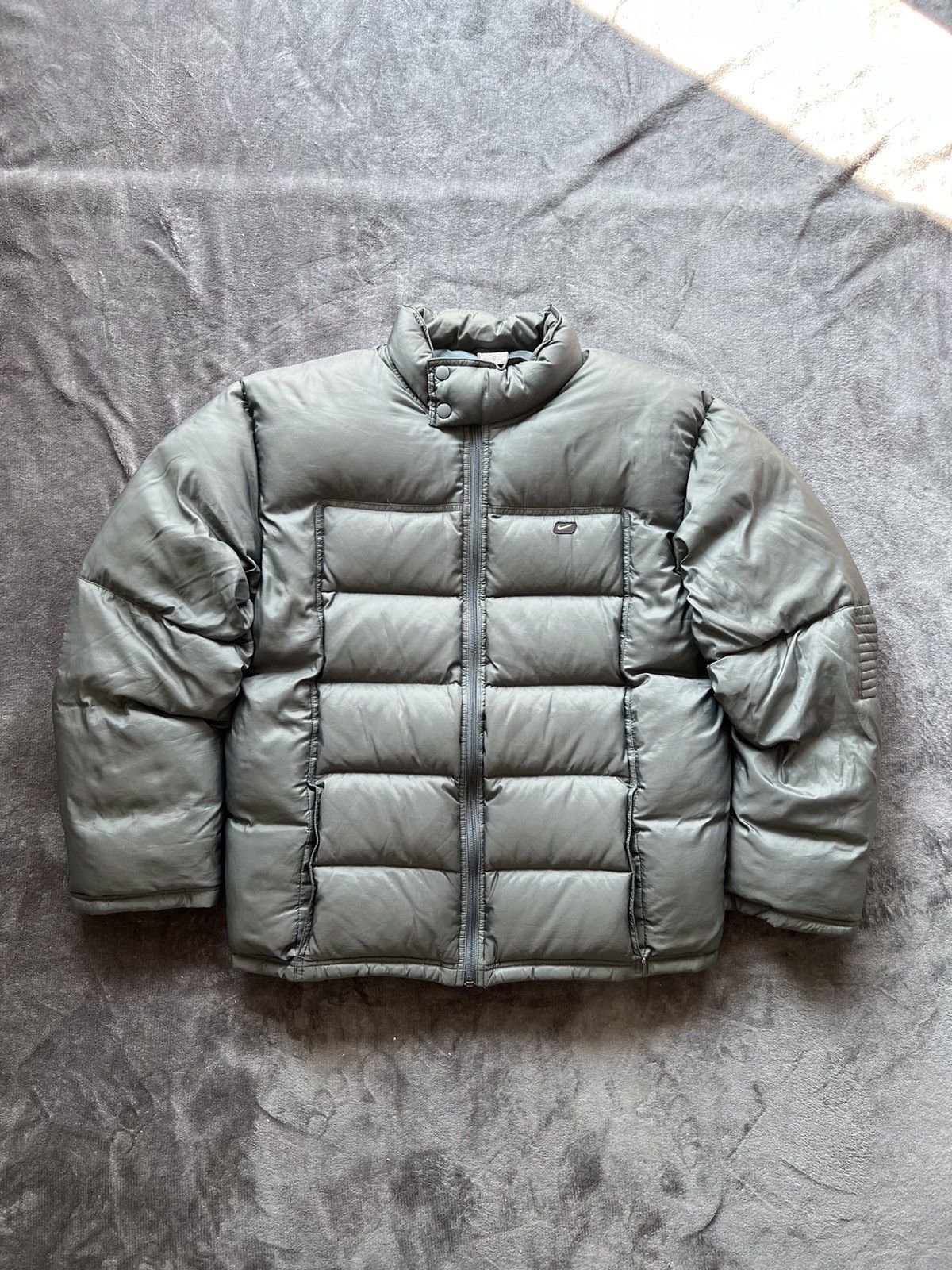 image of Nike Vintage Basic Swoosh Gorpcore Puffee Down Jacket in Grey, Men's (Size Large)