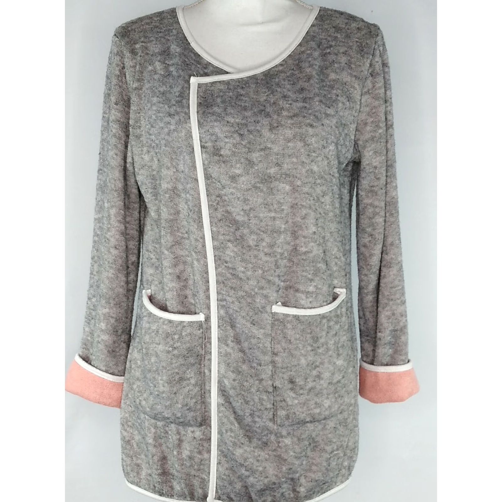 Vintage Helcarcii Cardigan Womens Size M Gray Open Front Knit Top Long Sleeve Pockets Size M / US 6-8 / IT 42-44 - 7 Thumbnail