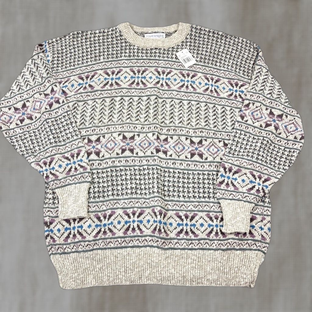 Vintage VINTAGE Royal Knight Sweater Men XL Beige Geometric Crewneck Pullover 90s Y2K USA Logo Button Embroidered Zipper All Seasons Size US XL / EU 56 / 4 - 1 Thumbnail