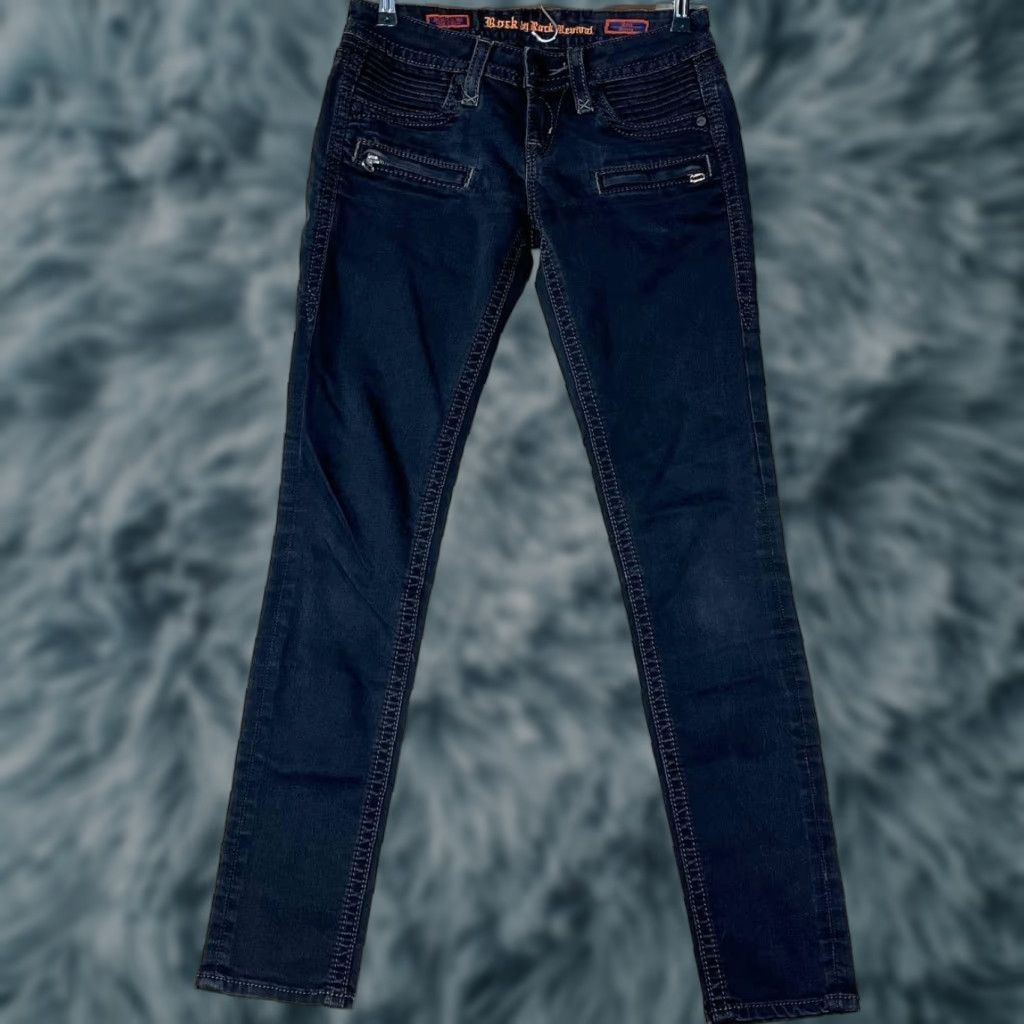 Vintage Rock Revival Jeans Sherry Easy Skinny Sz 27 Low Rise Rhinestone Embroidered Black Denim 5-Pocket Womens Size 27" / US 4 / IT 40 - 1 Thumbnail