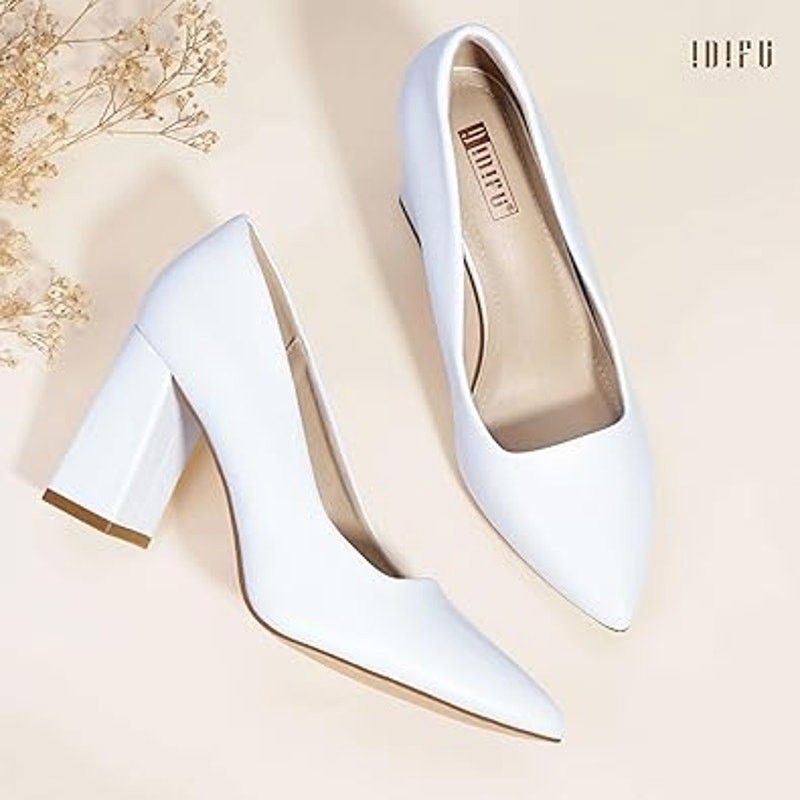 Other Idifu Women's Size 7.5 White Pointy Toe Block Heel Pumps Size US 7.5 / IT 37.5 - 2 Thumbnail