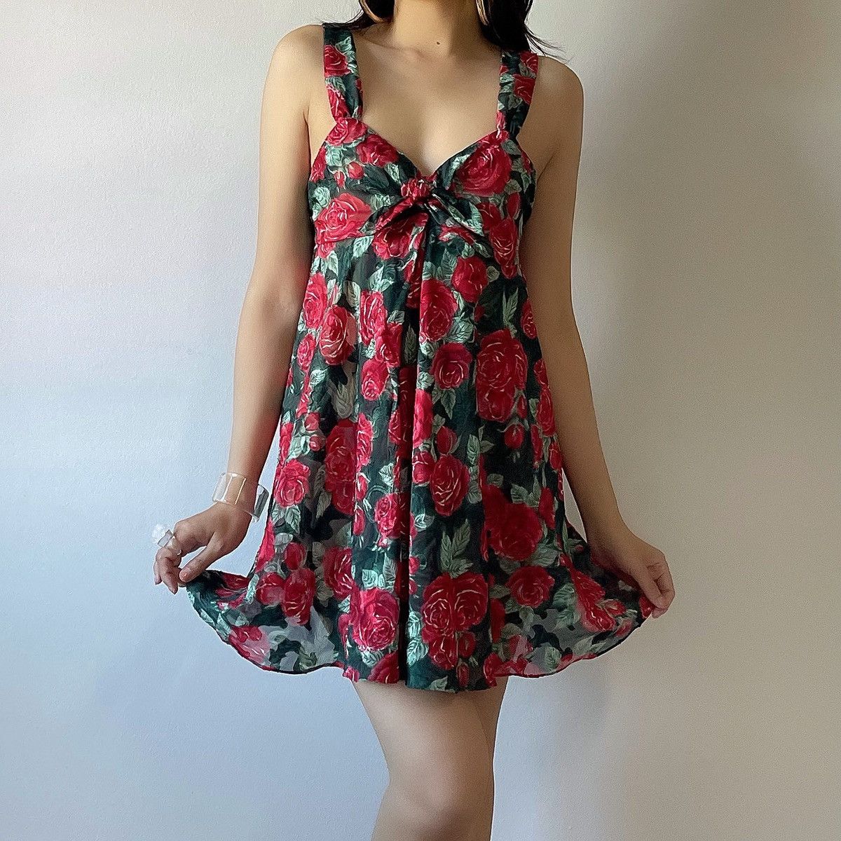 Victoria's Secret × Vintage Vintage 1990's Green Red Roses Chiffon Sheer Slip Dress /S-M Size M / US 6-8 / IT 42-44 - 2 Thumbnail